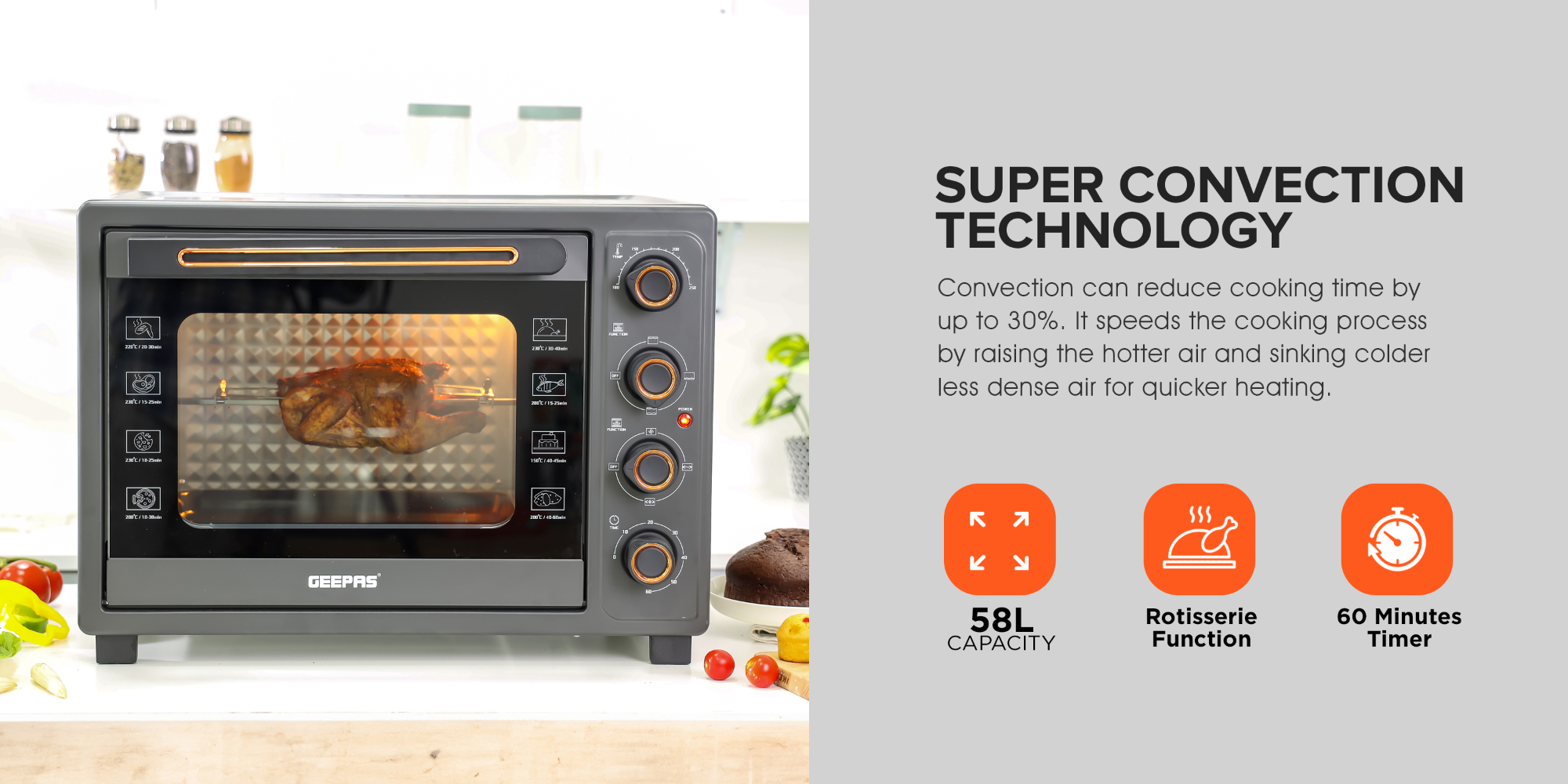 58 L Electric Oven 2100 W | With Rotisserie, Convection Functions and Inner Lamp| Easy to Use Control Knobs, 2 Switch Heating Selector, Adjustable Temperature| Perfect for Baking, Roasting, Cooking Meat, Vegetables, Cakes, Etc| 2 Years Warranty 58 L 2100 W GO34060 Black