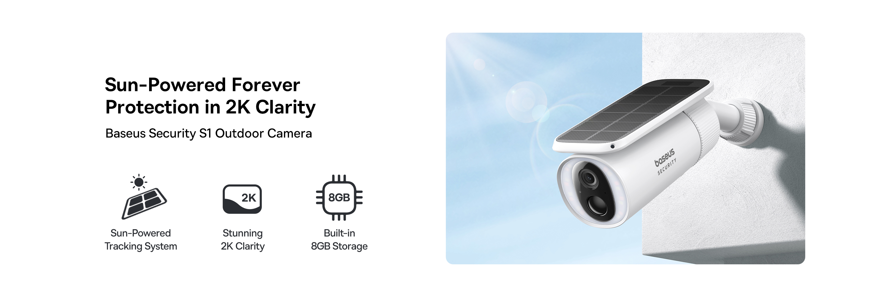 Outdoor Solar Security Camera Solocam S1 Wireless, 2K HD Resolution, 145° Ultra-Wide Viewing Angle, 8GB Built-in Storage, Enhanced Color Night Vision, Continuous Solar Power, No Subscription Required, Smart App Control, Waterproof & Weatherproof