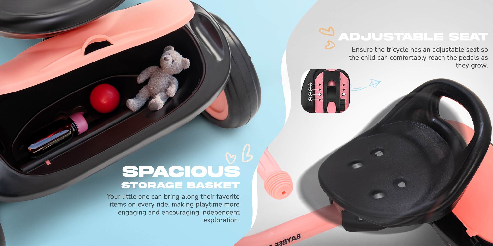 Foldable 2 in 1 Baby Tricycle for Kids Smart Plug & Play Kids Cycle with Rear Storage Basket & 3 Wheels Kids Tricycle Toddlers Baby Tricycle Cycle for Kids 2 to 5 Years Boy Girl Pink