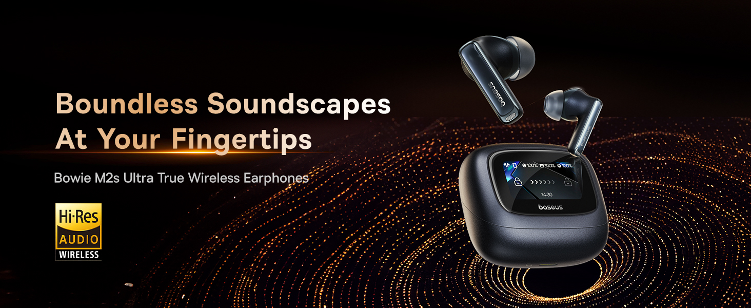 Bowie M2s Ultra True Wireless Earbuds with Hybrid Active Noise Cancellation -52dB, 4-Mic Environmental Noise Reduction, Ultra-Low Latency 0.06s for Gaming, Bluetooth 5.4, Fast Charging, 7H Playback (30H with Case), Touchscreen Charging Case, Hi-Fi Stereo Sound, Hi-Res Audio, Comfortable Fit, Voice Assistant (Black) Cosmic Black