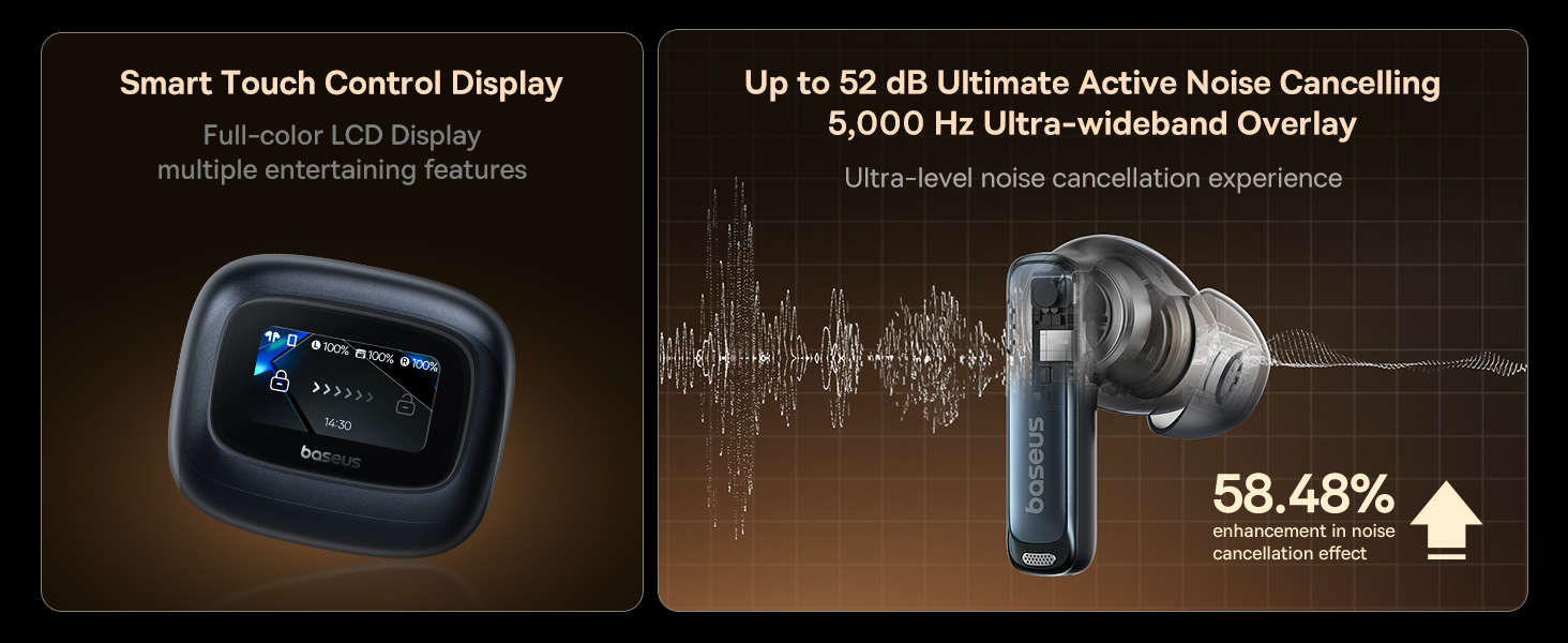 Bowie M2s Ultra True Wireless Earbuds with Hybrid Active Noise Cancellation -52dB, 4-Mic Environmental Noise Reduction, Ultra-Low Latency 0.06s for Gaming, Bluetooth 5.4, Fast Charging, 7H Playback (30H with Case), Touchscreen Charging Case, Hi-Fi Stereo Sound, Hi-Res Audio, Comfortable Fit, Voice Assistant (Black) Cosmic Black