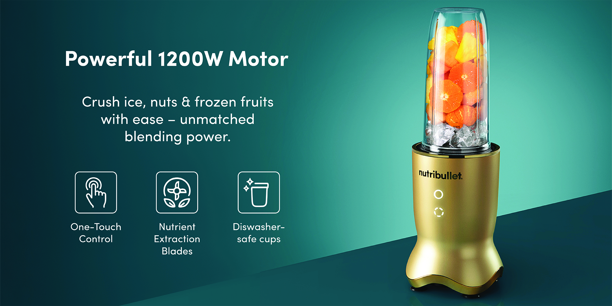 Ultra 1200W High-Speed Blender, Multi-Functional, Quiet Motor, Tritan™ Renew Cups, Rapid Extractor Blades, BPA-Free, Shatter-Resistant, Glow Interface, NBU-500G, 1-Year Warranty 900 ml 1200 W NB-500 Gold