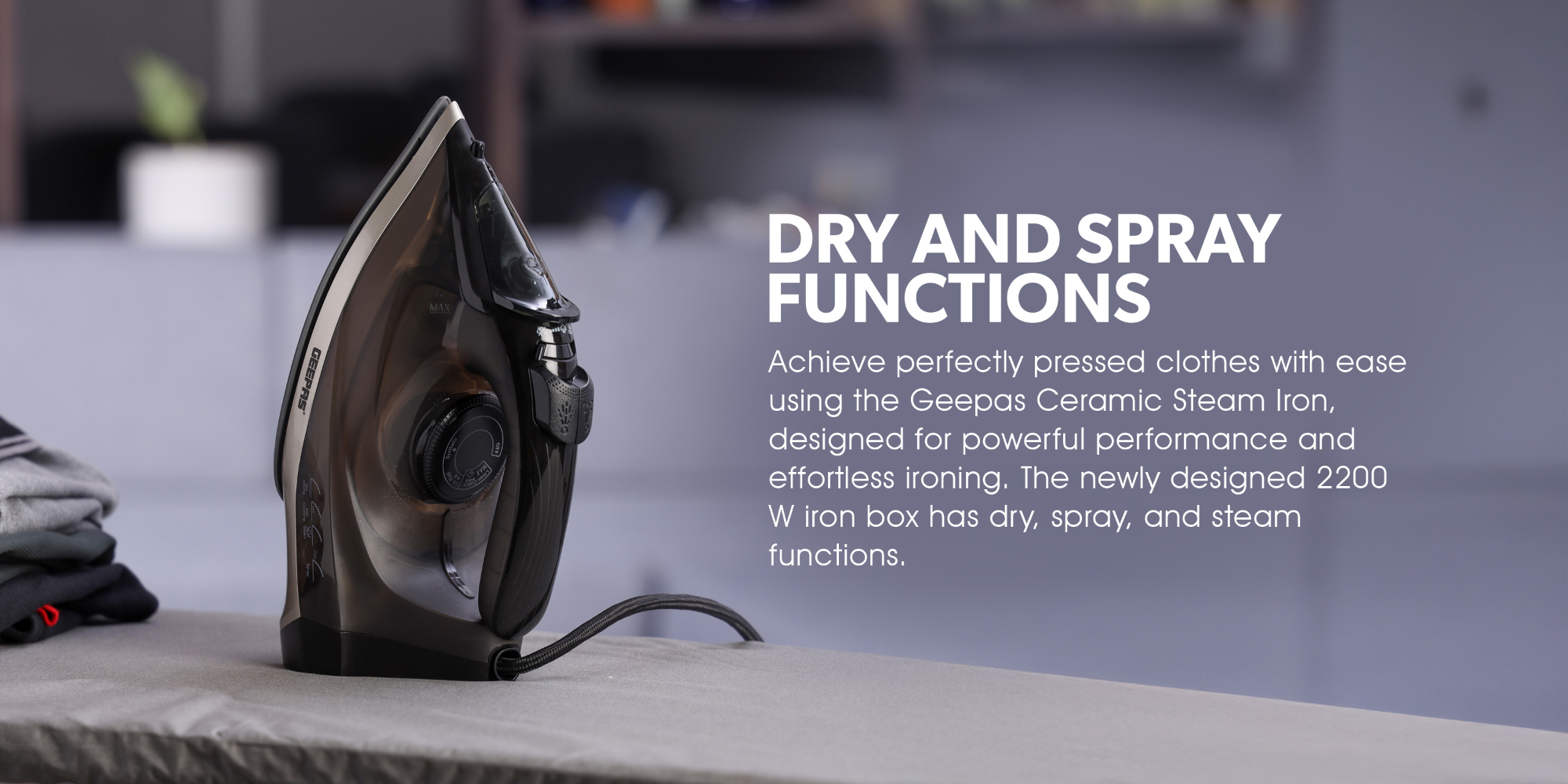 Ceramic Steam Iron | Dry and Spray Functions, Press Box with Self-Cleaning Function | Compact and Handy Design with Powerful Shots | Suitable for All Kinds of Fabric | 2 Years Warranty 200 ml 2200 W GSI24016 Black