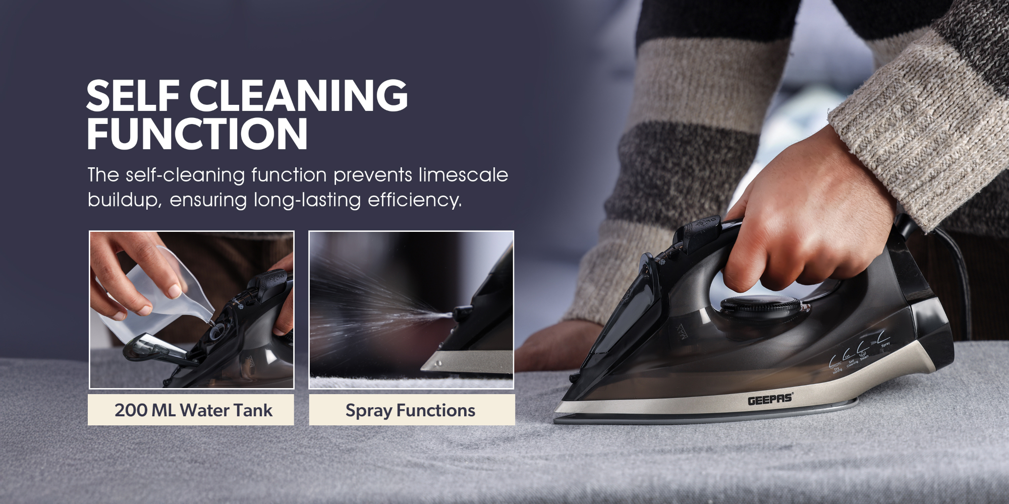 Ceramic Steam Iron | Dry and Spray Functions, Press Box with Self-Cleaning Function | Compact and Handy Design with Powerful Shots | Suitable for All Kinds of Fabric | 2 Years Warranty 200 ml 2200 W GSI24016 Black