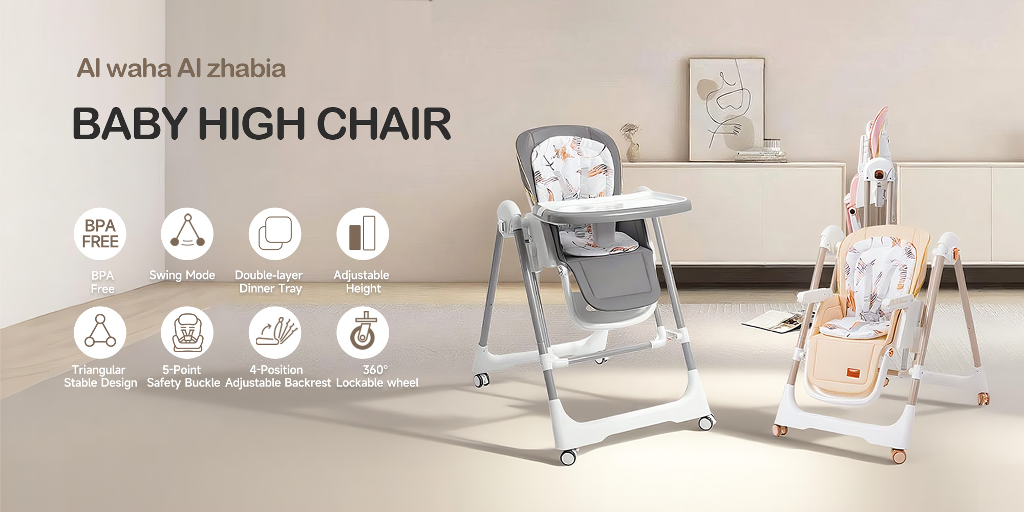 Baby High Chair | 5-Level Adjustable Foldable High Chair with Wheels & Double Trays | 4-Position Reclining Seat & 3-Stage Footrest | Safe Feeding Chair for Infants 6M-3 Years