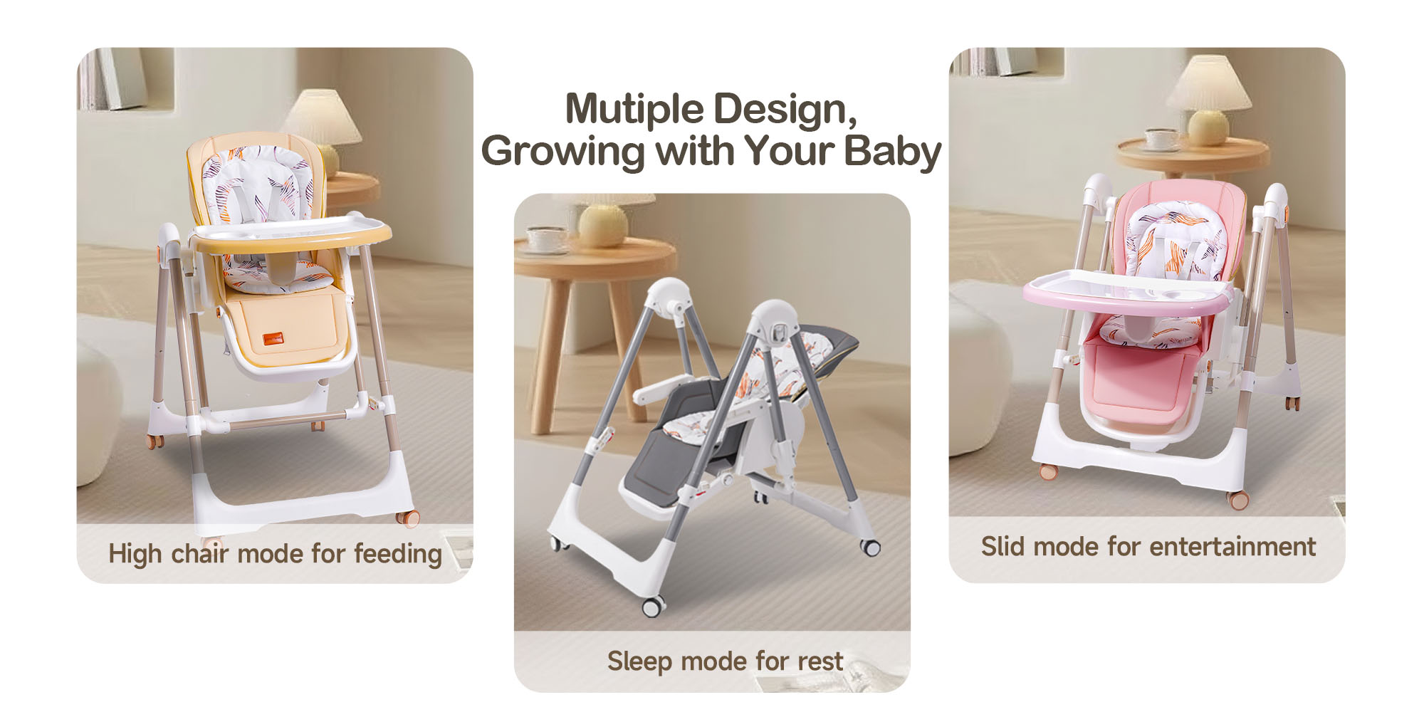 Baby High Chair | 5-Level Adjustable Foldable High Chair with Wheels & Double Trays | 4-Position Reclining Seat & 3-Stage Footrest | Safe Feeding Chair for Infants 6M-3 Years