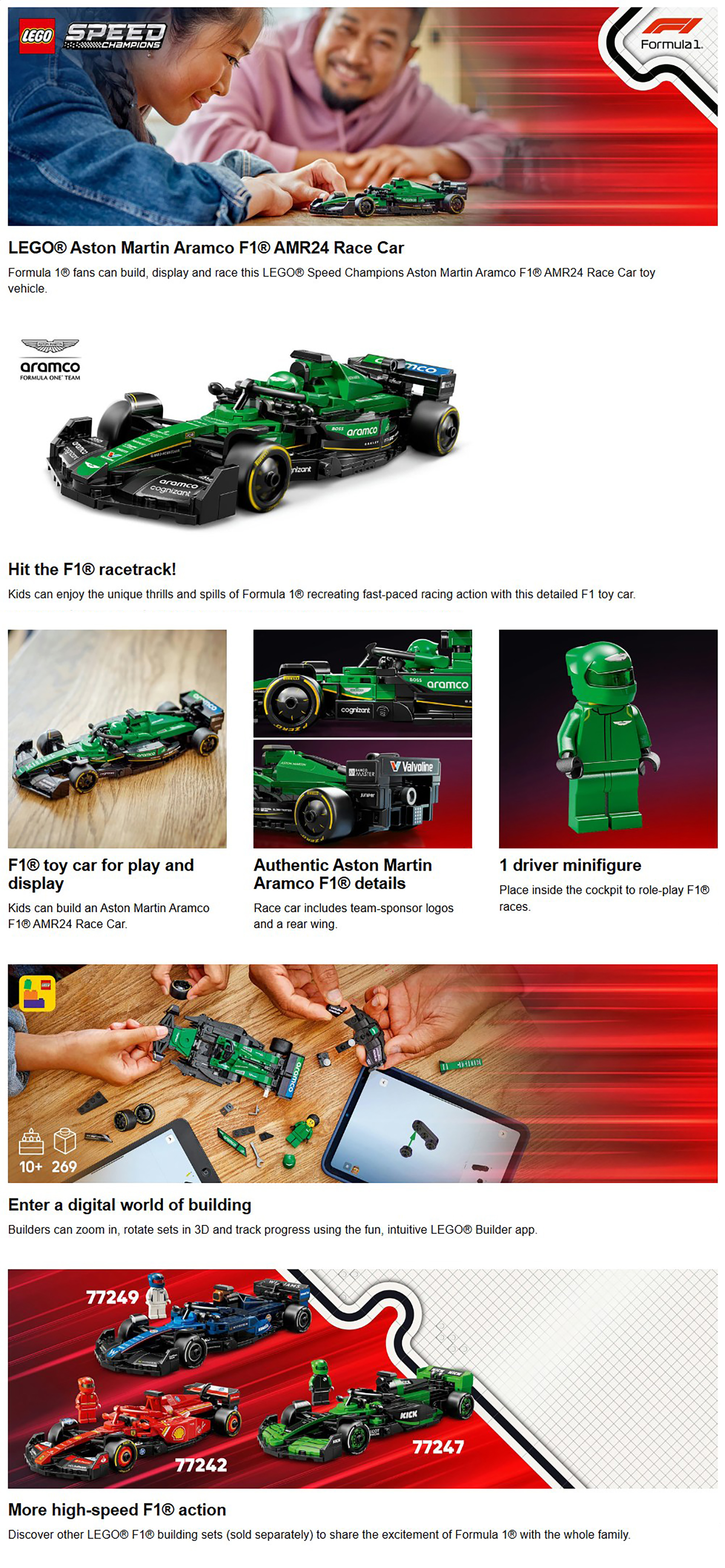 Speed Champions Aston Martin Aramco F1® AMR24 Race Car Vehicle Set 77245 (269) Pieces