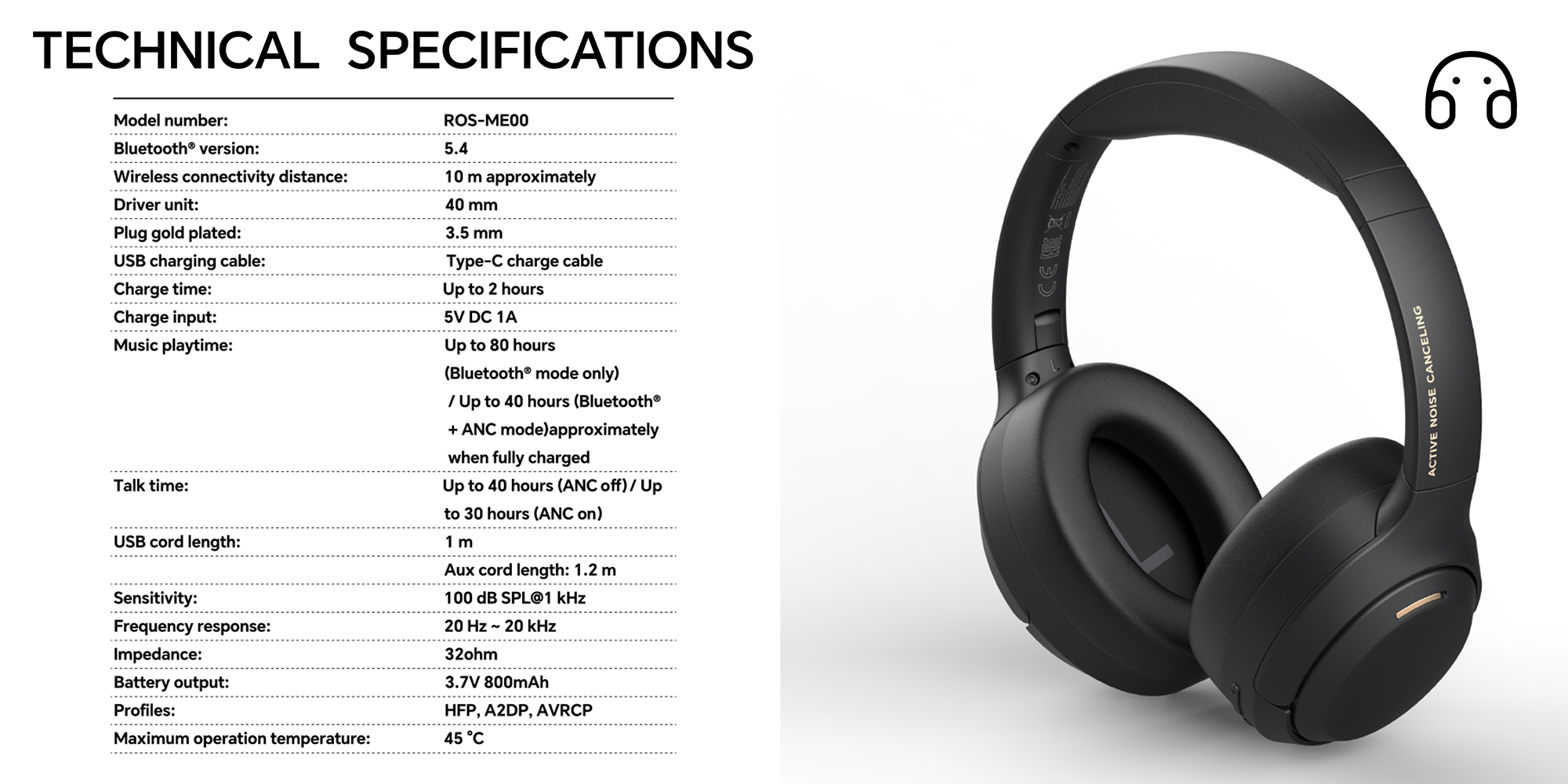 Choice Headphone Pro, Active Noise cancelling, Wireless Over-Ear Bluetooth Headset, 80H Long Battery Life, Hi-Res Audio Certified, Black