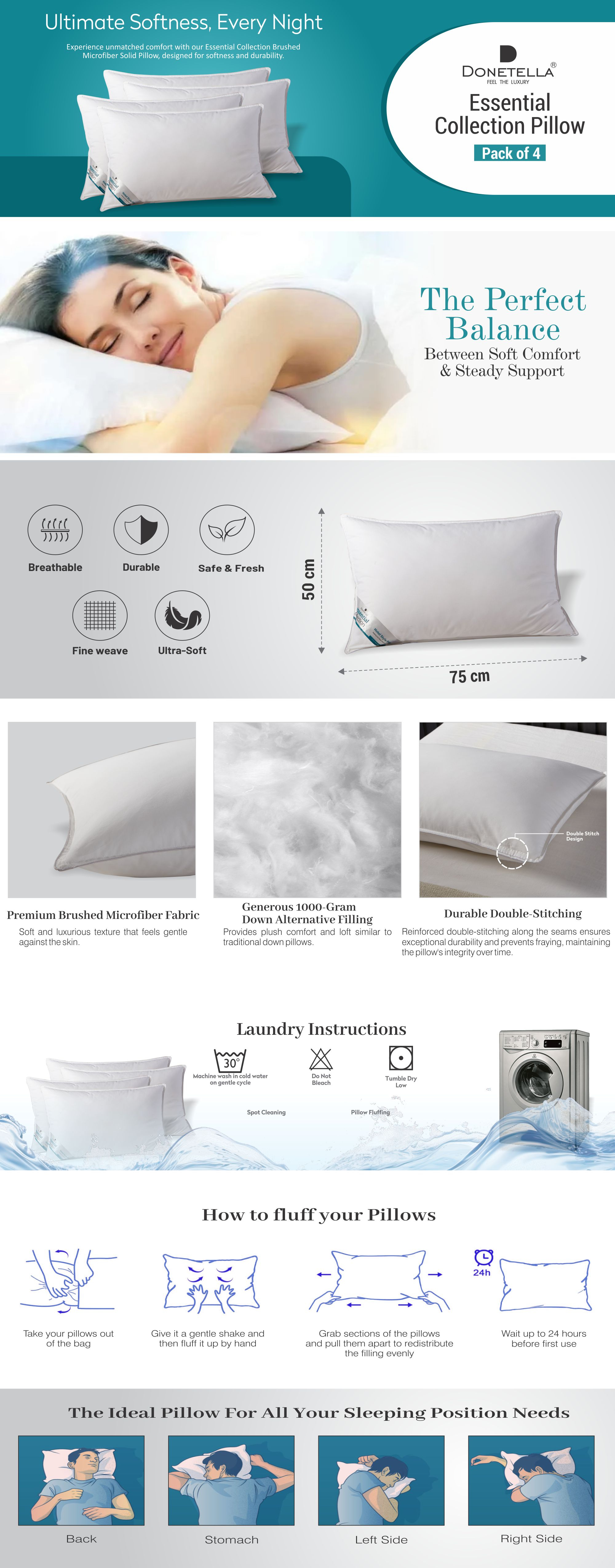 Bed Pillow, 4 Pieces, 1000 Gram Each, Size 50x75 cm, Luxury Down Alternative Filling, Soft Brushed Microfiber, Anti-Allergy, White, Pack of 4