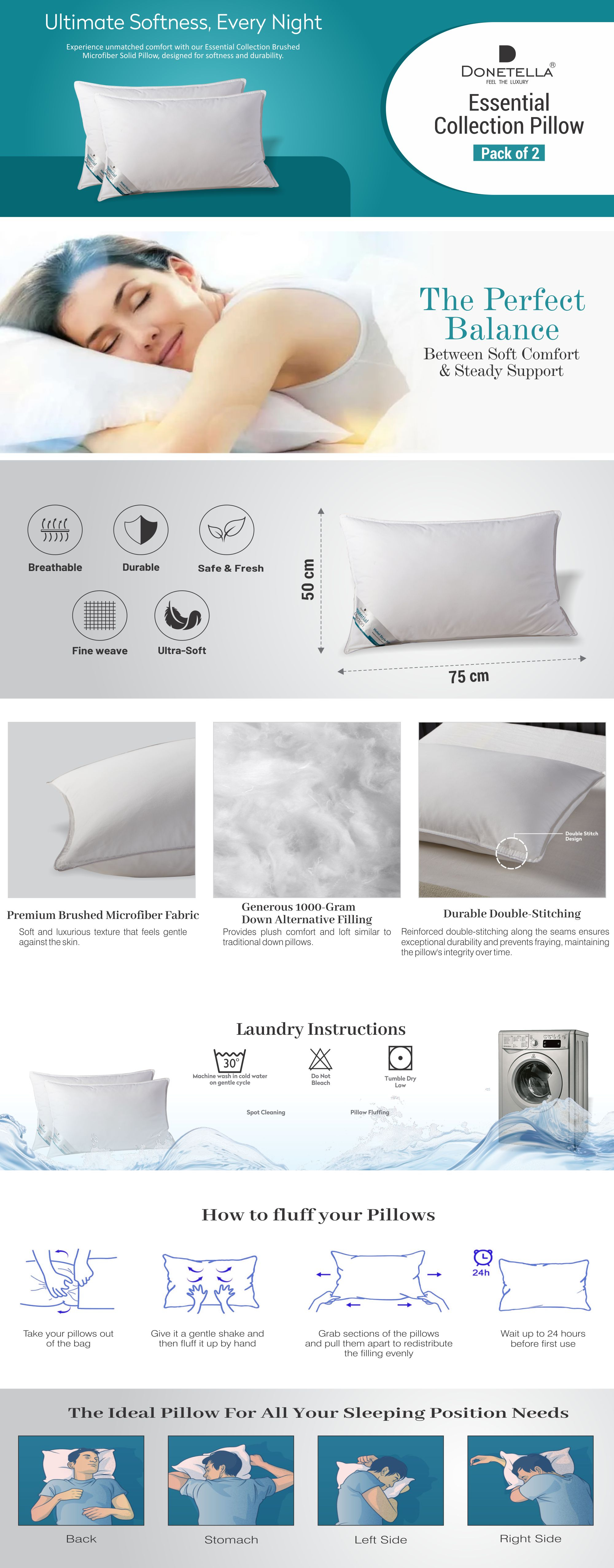 Bed Pillow, 2 Pieces, 1000 Gram Each, Size 50x75 cm, Luxury Down Alternative Filling, Soft Brushed Microfiber, Anti-Allergy, White, Pack of 2