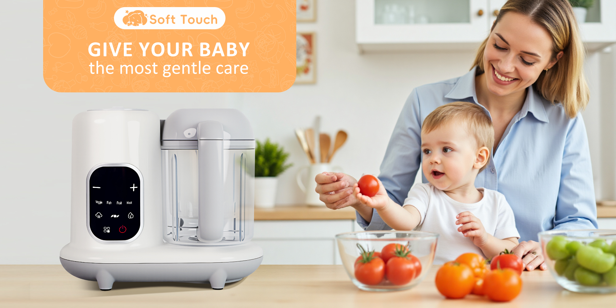 White Baby Food Maker Toddler Food Processor Baby Food Blender, Auto Cooking & Grinding, Steam Cook and Blender with Touch Screen Control