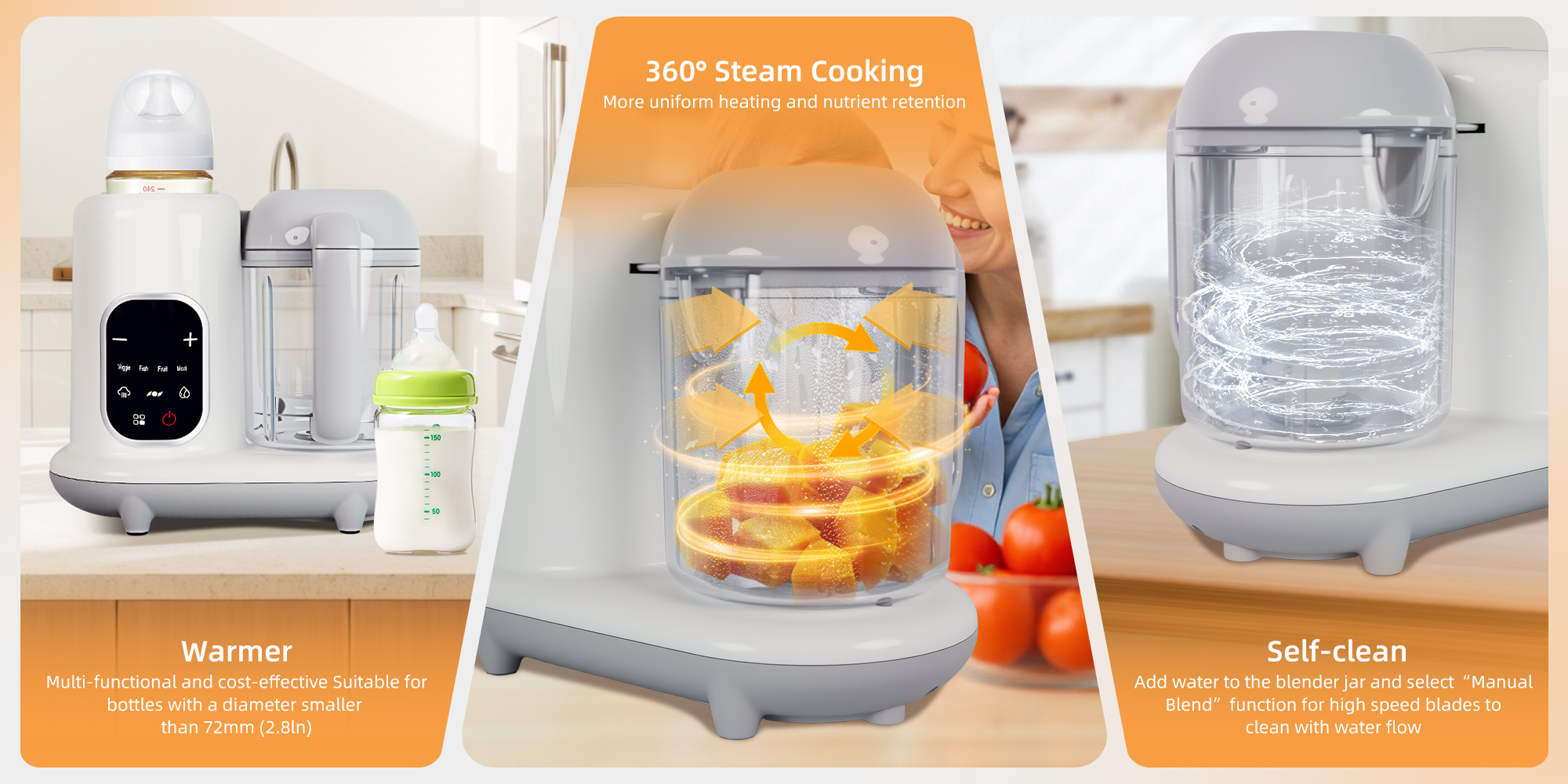 White Baby Food Maker Toddler Food Processor Baby Food Blender, Auto Cooking & Grinding, Steam Cook and Blender with Touch Screen Control