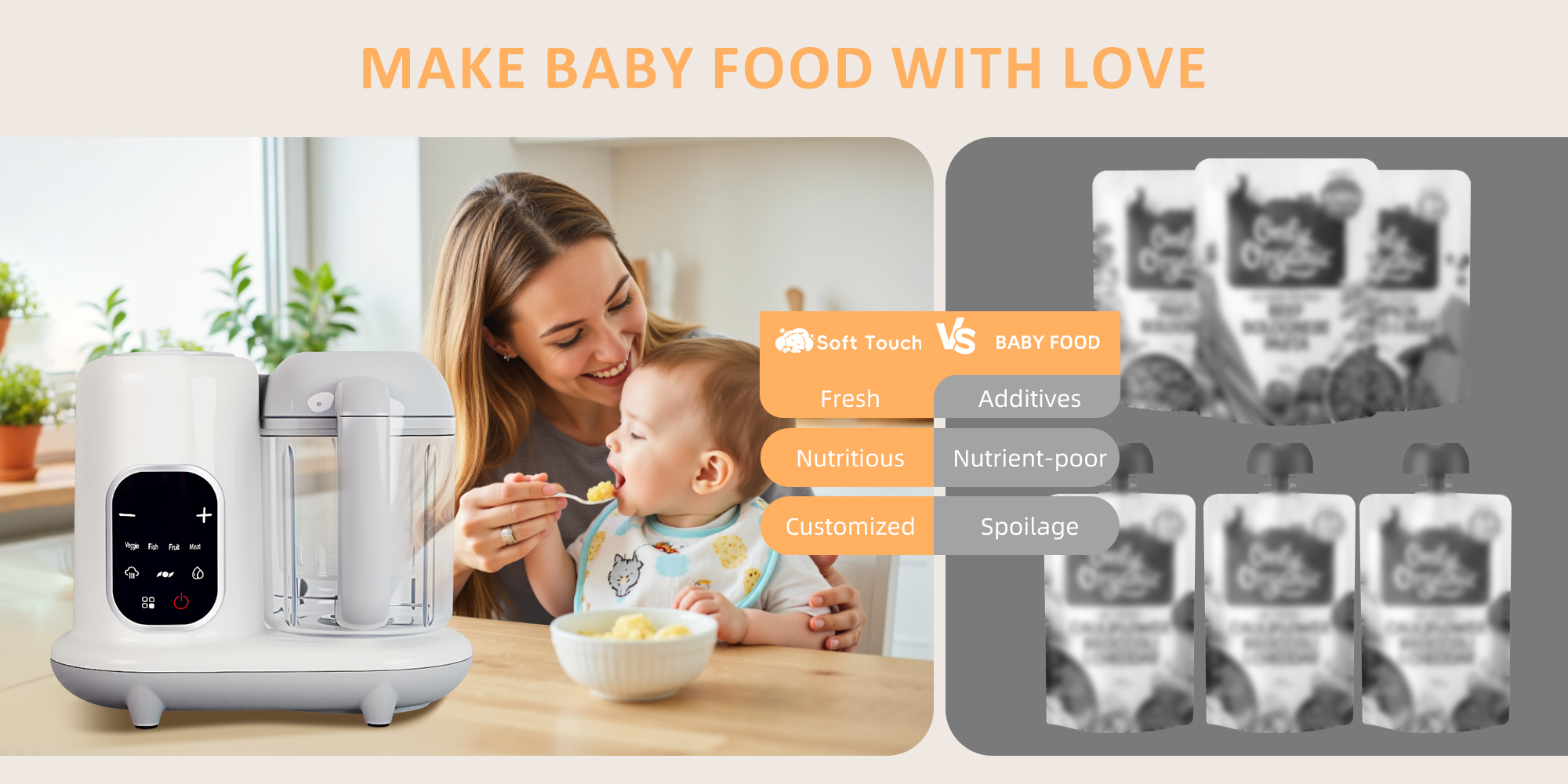 White Baby Food Maker Toddler Food Processor Baby Food Blender, Auto Cooking & Grinding, Steam Cook and Blender with Touch Screen Control
