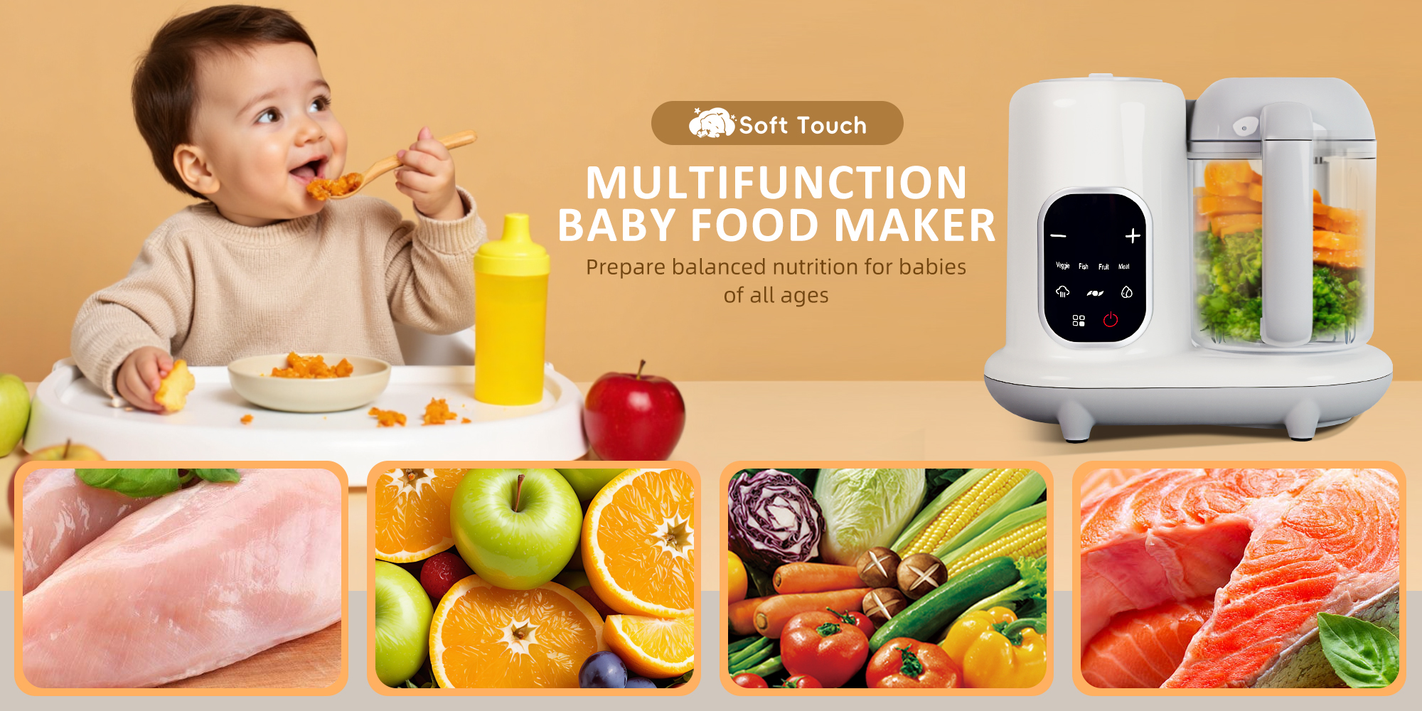 White Baby Food Maker Toddler Food Processor Baby Food Blender, Auto Cooking & Grinding, Steam Cook and Blender with Touch Screen Control