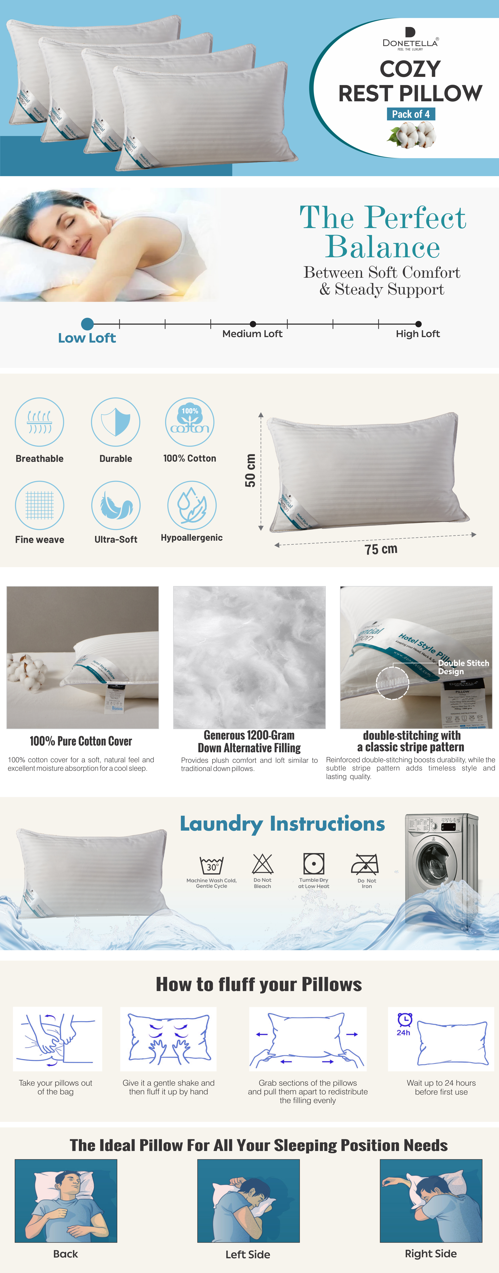 Cotton Pillow, Hotel Style, 1200 Gms, 4 Pieces, Size 50x75 cm, Satin Stripes, Double Edge Stitched Premium Gel Fiber, Soft & Plush Bed Pillow