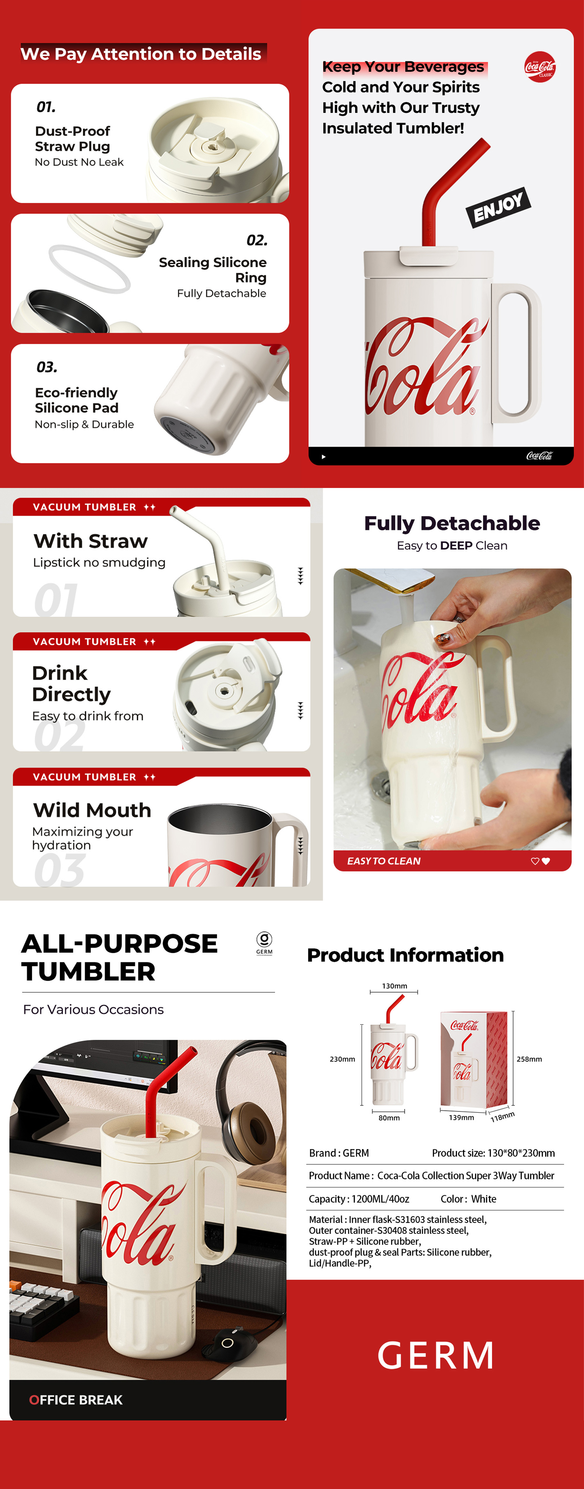 Coca-Cola Collection Super 3-Way Tumbler – Antique White | 1200ml Large Capacity | Triple-Use Hot & Cold Flask | Official Coca-Cola Licensed | BPA-Free by GERM