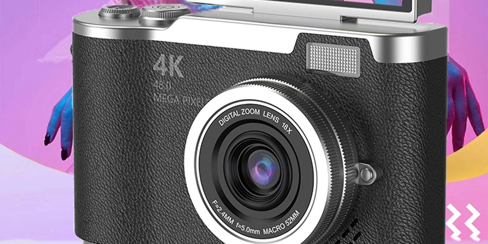 4k CCD Digital Zoom Student Digital Camera 48MP Portable Digital Photography Camera 180° Flip Screen Selfie Camera，with 64GB SD card
