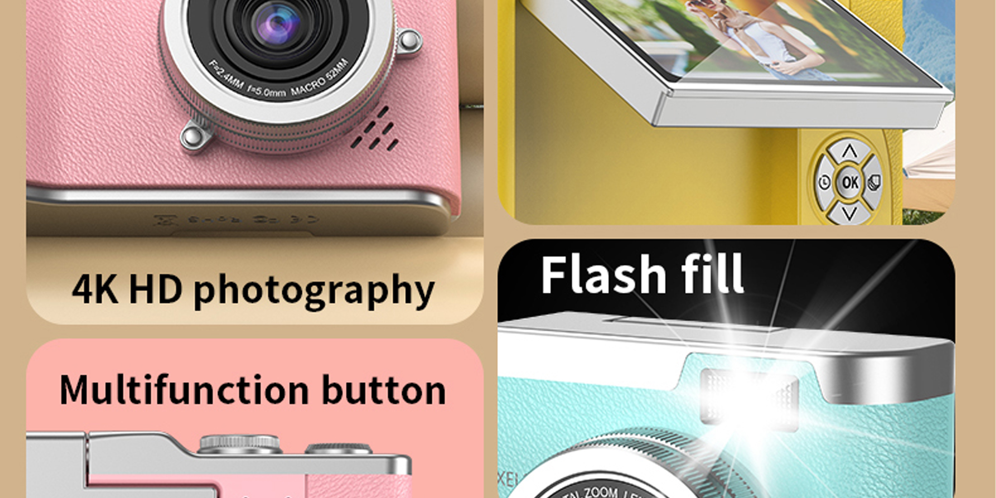 4k CCD Digital Zoom Student Digital Camera 48MP Portable Digital Photography Camera 180° Flip Screen Selfie Camera，with 64GB SD card