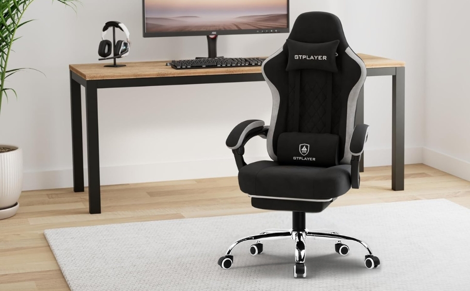 GTPLAYER #1USA Ergonomic Gaming Chair Fabric with Pocket Spring Cushion, Footrest & Armrests – Computer Video Game Desk Chair with Adjustable Lumbar Support & Headrest for Gaming & Office (Black) Black