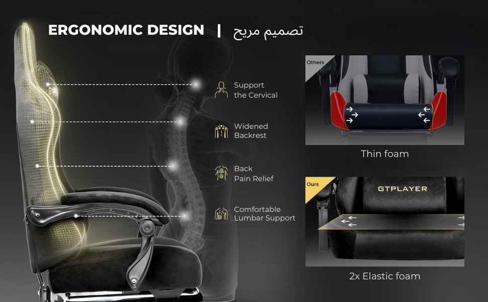 GTPLAYER #1USA Ergonomic Gaming Chair Fabric with Pocket Spring Cushion, Footrest & Armrests – Computer Video Game Desk Chair with Adjustable Lumbar Support & Headrest for Gaming & Office (Black) Black