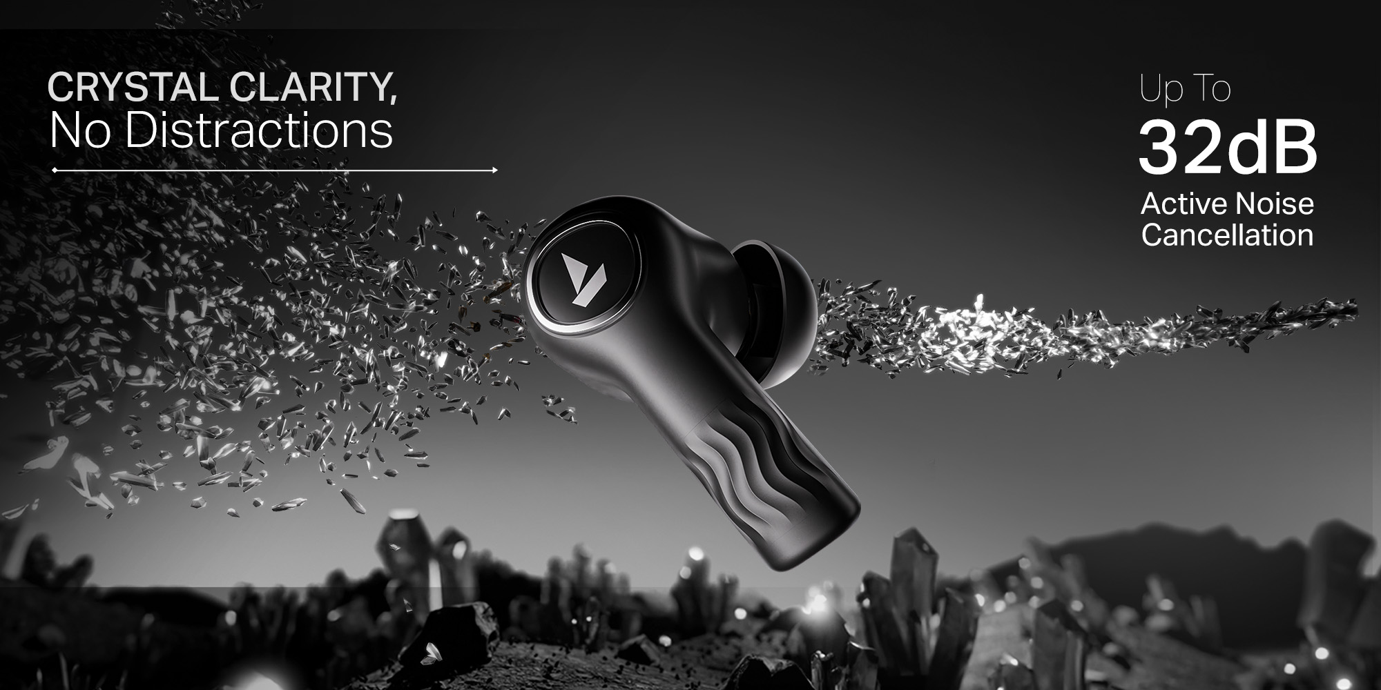 Nirvana Crystl TWS Earbuds with 360º Spatial Audio, Upto 32dB Active Noise Cancellation, 100hrs Playback, Multipoint Connection, 4 Mics with ENx™, boAt Adaptive EQ, In-Ear Detection And Fast Pair - Quantum Black