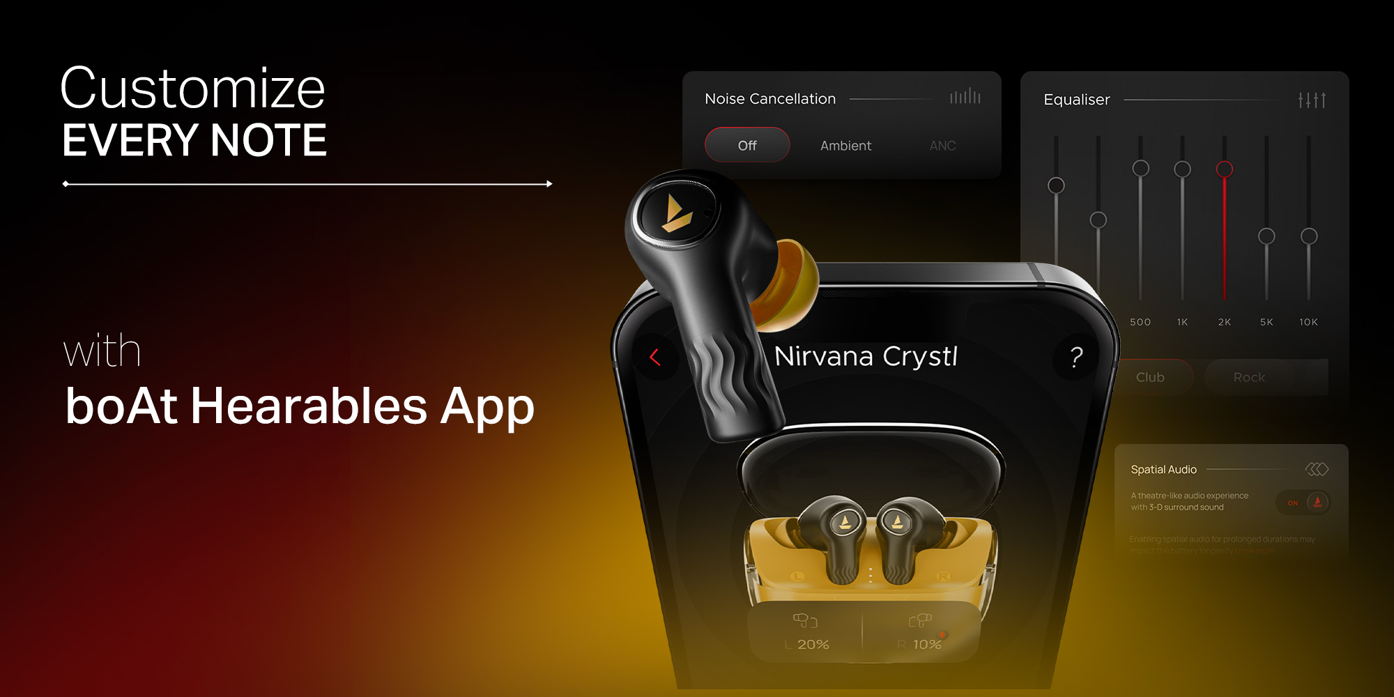 Nirvana Crystl TWS Earbuds with 360º Spatial Audio, Upto 32dB Active Noise Cancellation, 100hrs Playback, Multipoint Connection, 4 Mics with ENx™, boAt Adaptive EQ, In-Ear Detection And Fast Pair - Quantum Black