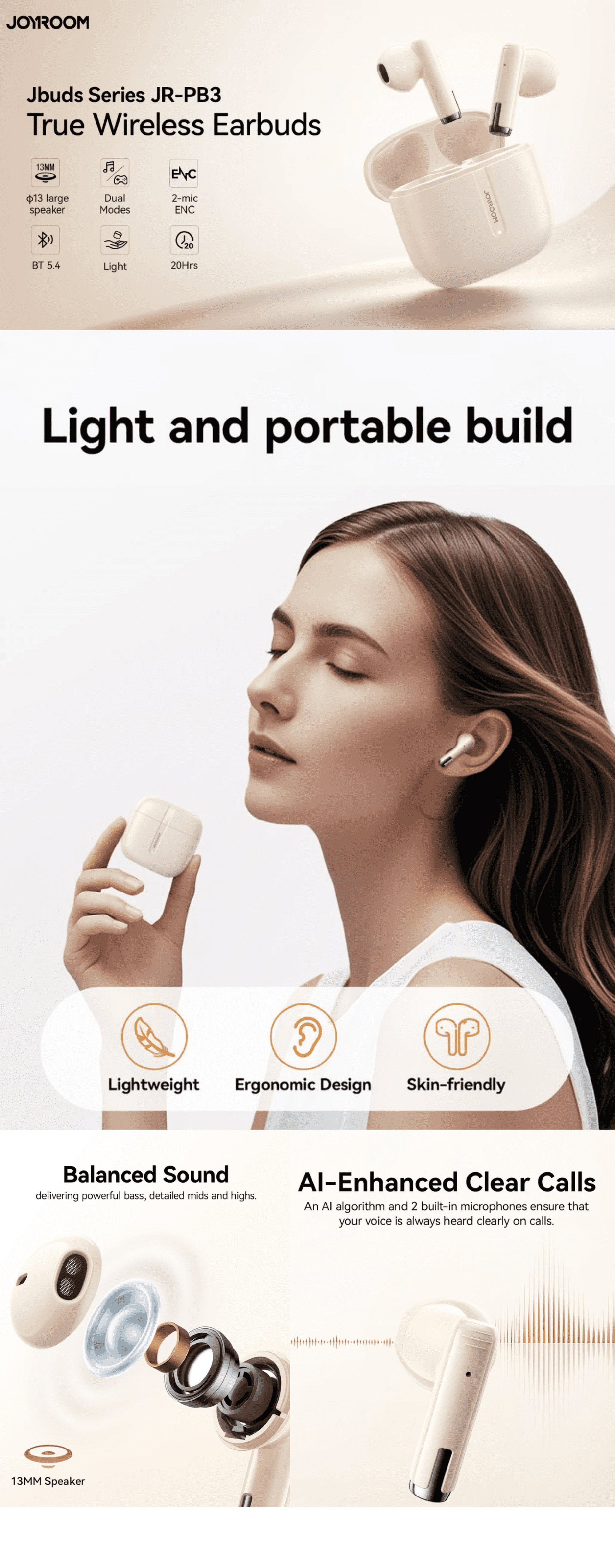 Jpods True Wireless Earbuds with AI-Enhanced ENC Dual Mic for Ultra-Clear Calls, 13mm Bass Drivers, Upgraded Bluetooth 5.4 Fast Pairing, 20H Playtime, 65ms Low Latency(Gaming Mode), IPX5 Water Resistant, Lightweight & Comfortable - Heat Resistant Stylish Beige