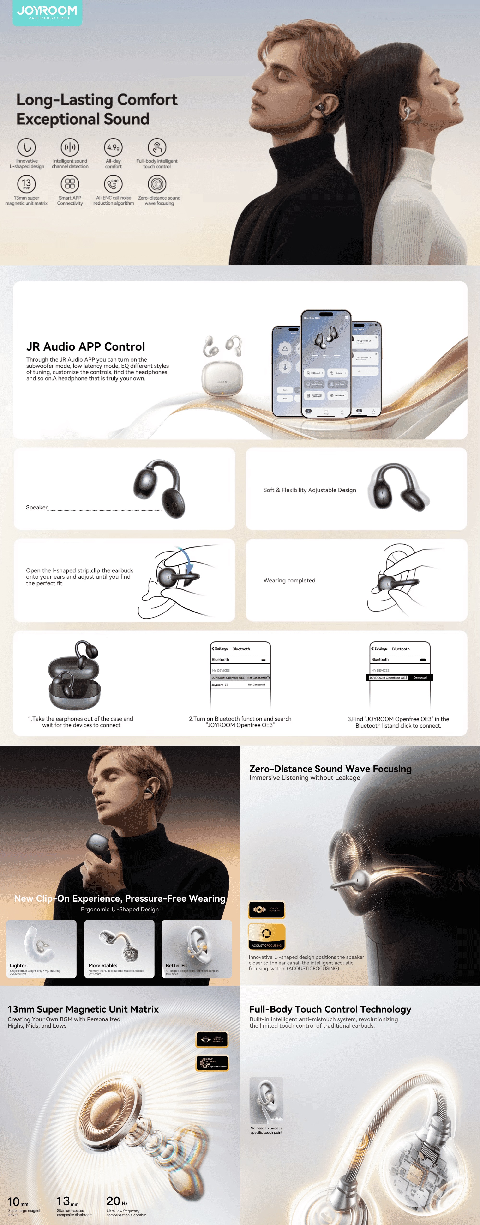 Openfree OE3 Open-Ear Wireless Earbuds with Bass Boost, Ai-Enchanced Clear Calls, 13mm Dynamic Drivers, Dual Device Connection, All-Day Comfort Fit, Smart Touch Control, Upgraded Bluetooth 5.4, 25H Playtime - Customization via App Dark Grey