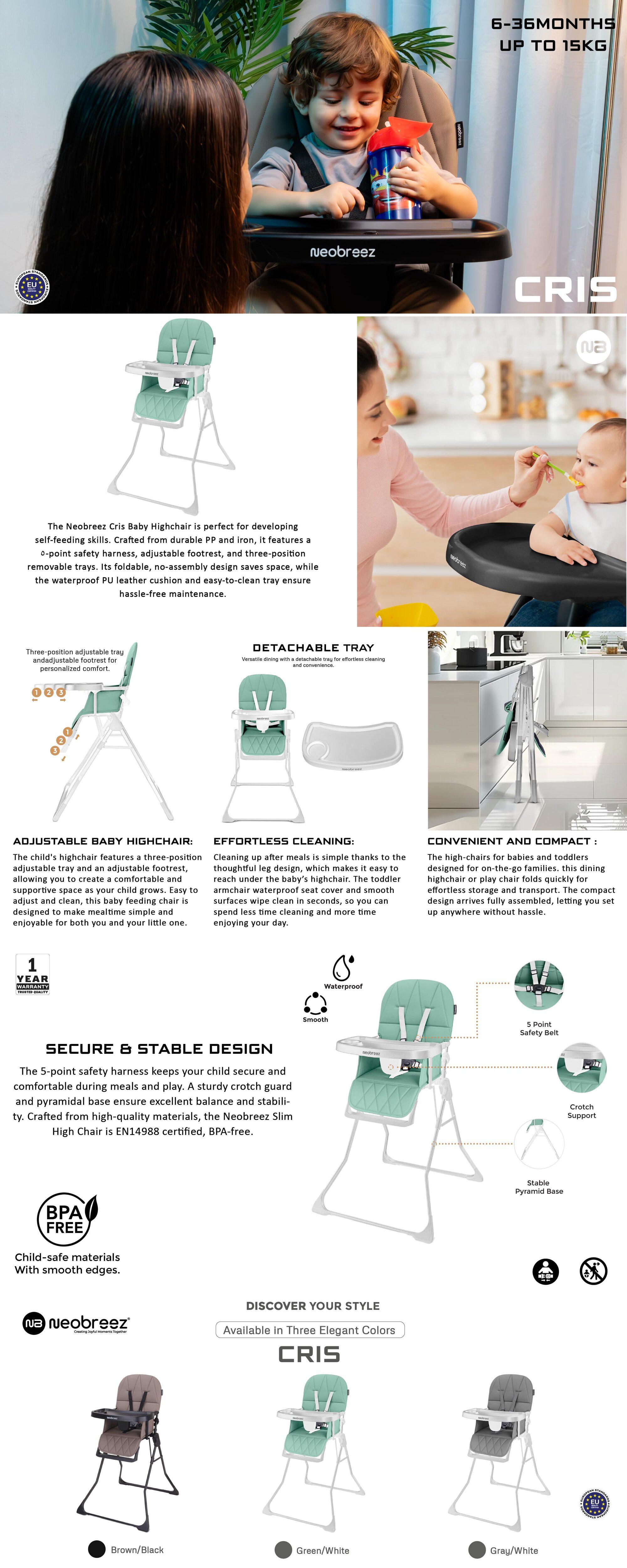 CRIS Ultra Compact Lightweight Foldable Baby High Chair|Quick and Easy Fold HighChair|Removable and Adjustable Foot Tray| 5-point Safety Harness|Toddler Portable Baby Feeding Chair For Travel(5kg)