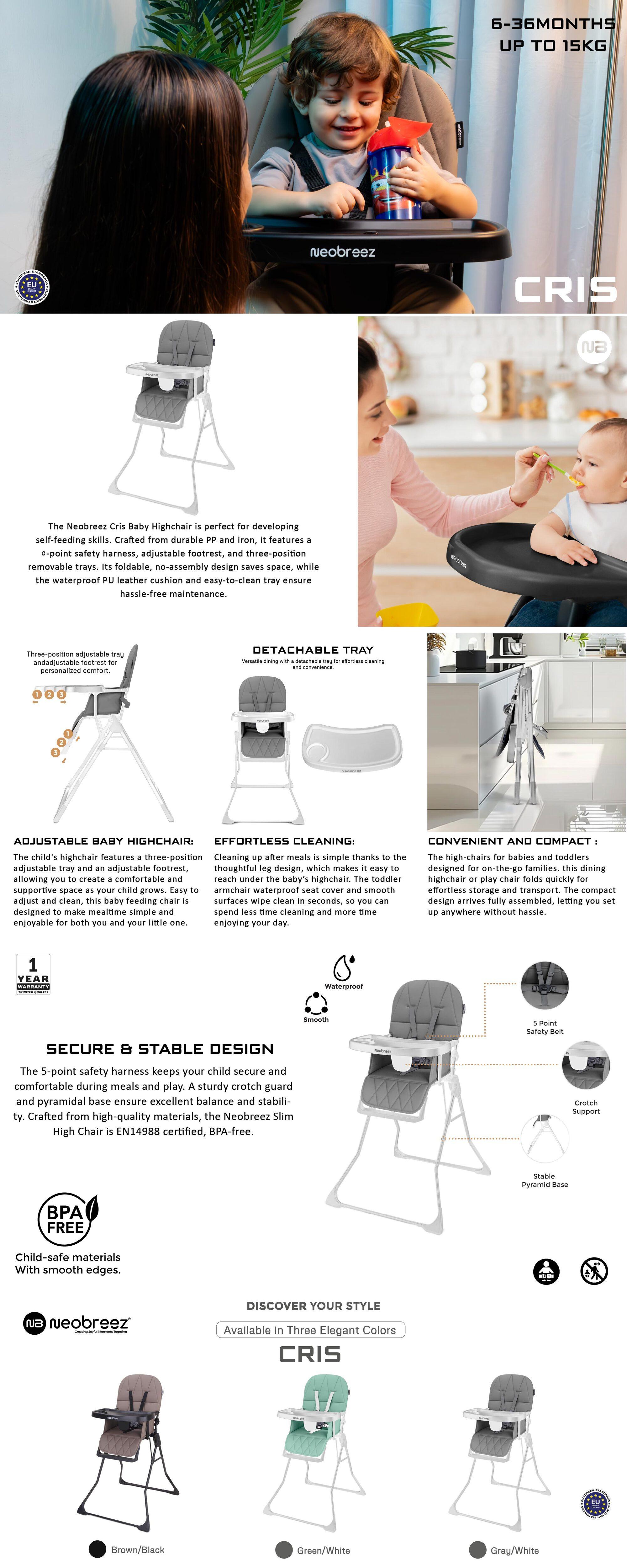 CRIS Ultra Compact Lightweight Foldable Baby High Chair|Quick and Easy Fold HighChair|Removable and Adjustable Foot Tray| 5-point Safety Harness|Toddler Portable Baby Feeding Chair For Travel(5kg)