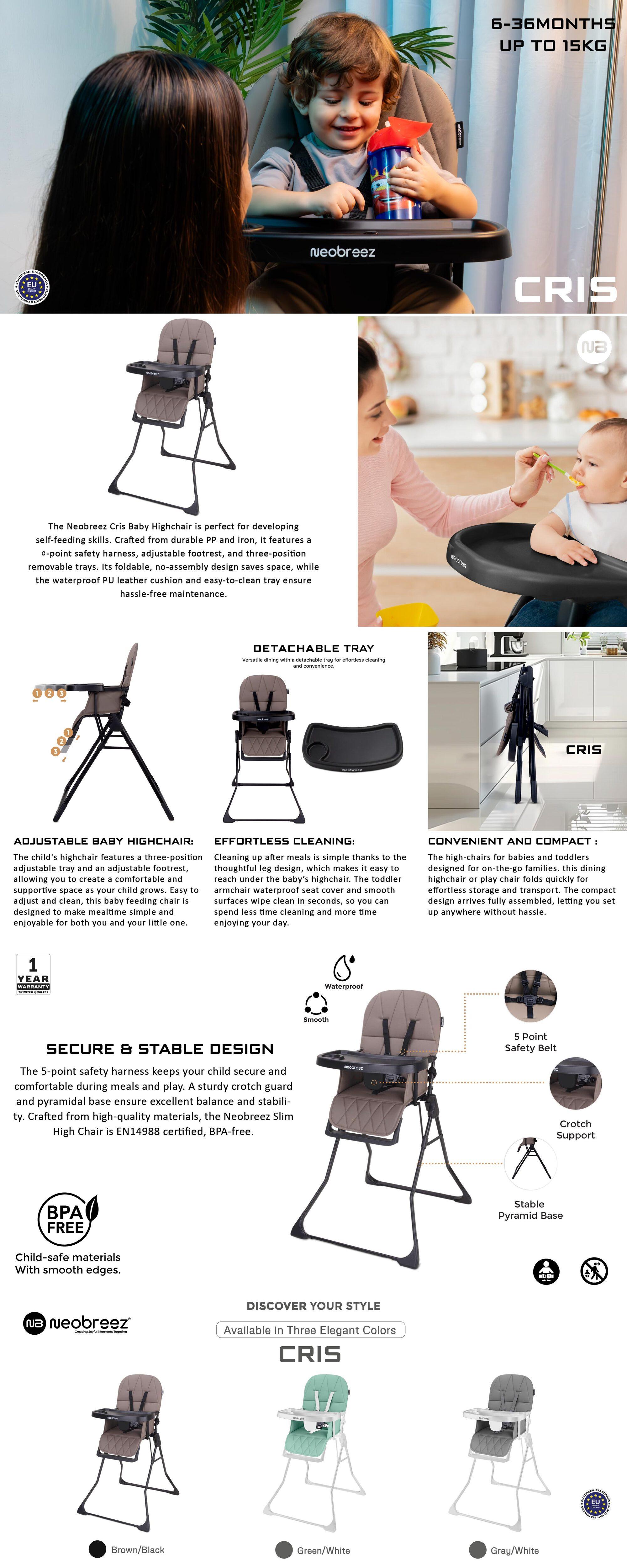 CRIS Ultra Compact Lightweight Foldable Baby High Chair|Quick and Easy Fold HighChair|Removable and Adjustable Foot Tray| 5-point Safety Harness|Toddler Portable Baby Feeding Chair For Travel(5kg)