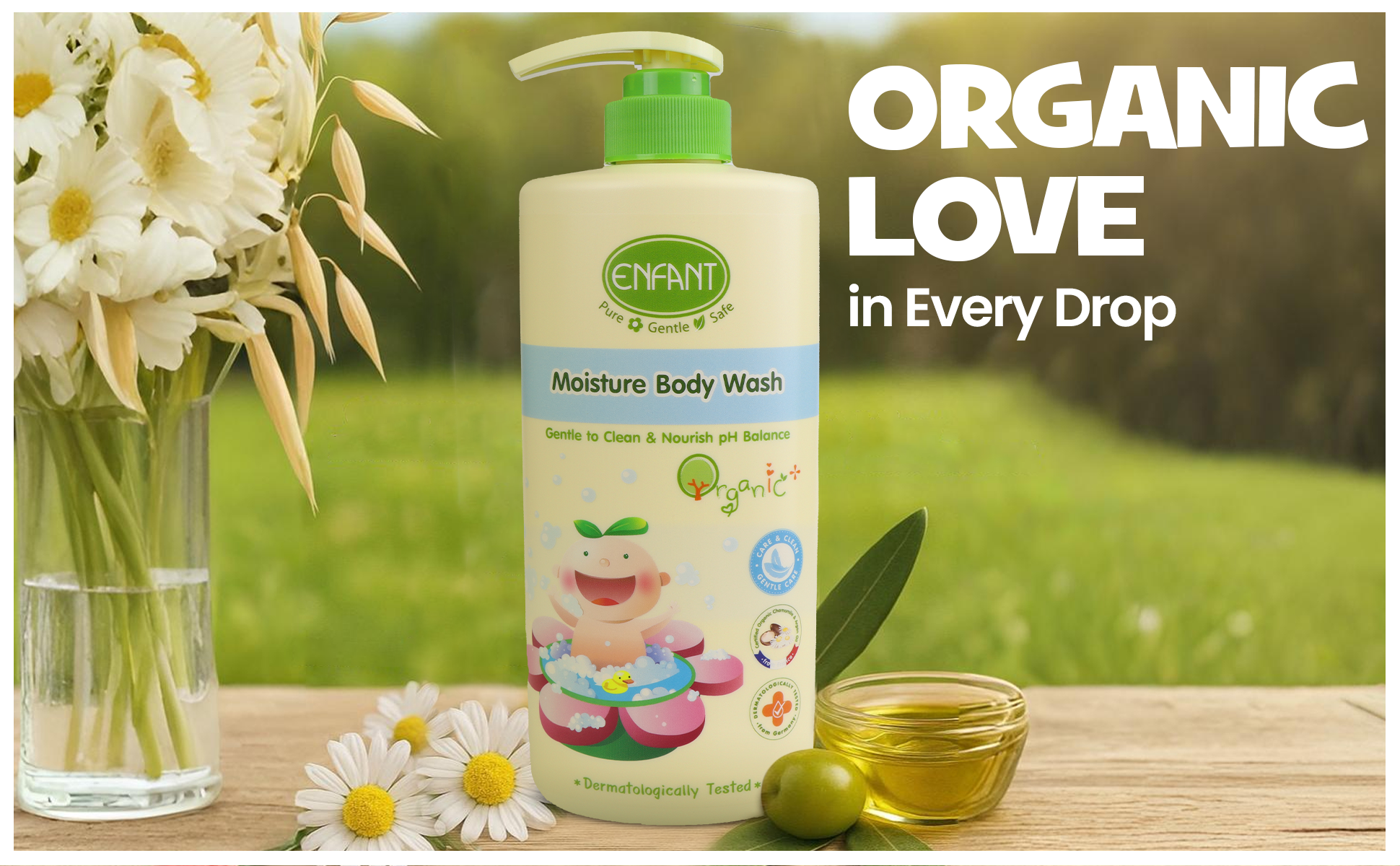 Organic Plus Baby Moisture Body Wash 500ML Pump Baby Body Wash Gentle To Clean & Nourish pH Balance Plant-Based Formula Contains OAT And OLIVE OIL Which Gently Cleans And Nourishes Baby’s Skin Dermatologically Tested From Germany