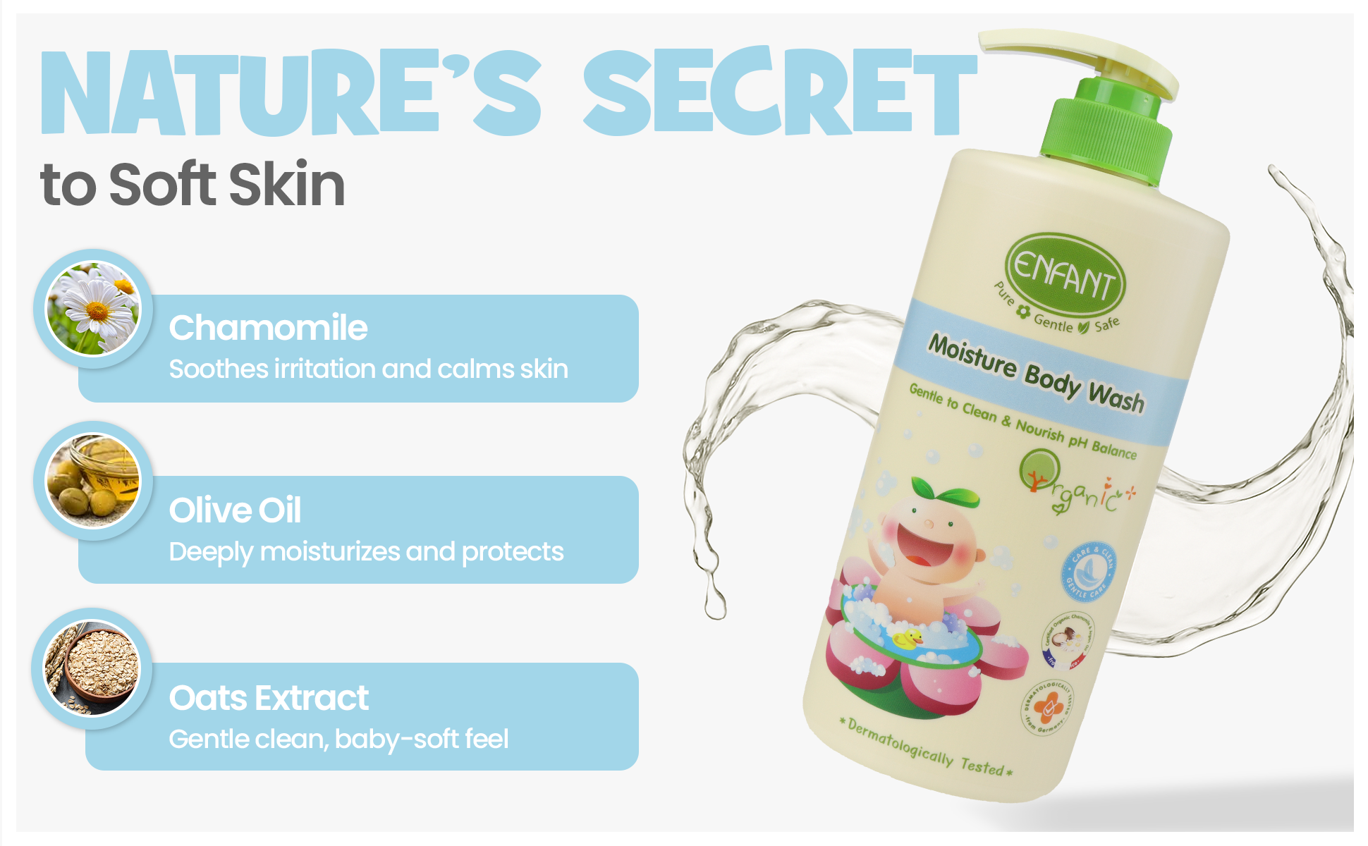 Organic Plus Baby Moisture Body Wash 500ML Pump Baby Body Wash Gentle To Clean & Nourish pH Balance Plant-Based Formula Contains OAT And OLIVE OIL Which Gently Cleans And Nourishes Baby’s Skin Dermatologically Tested From Germany