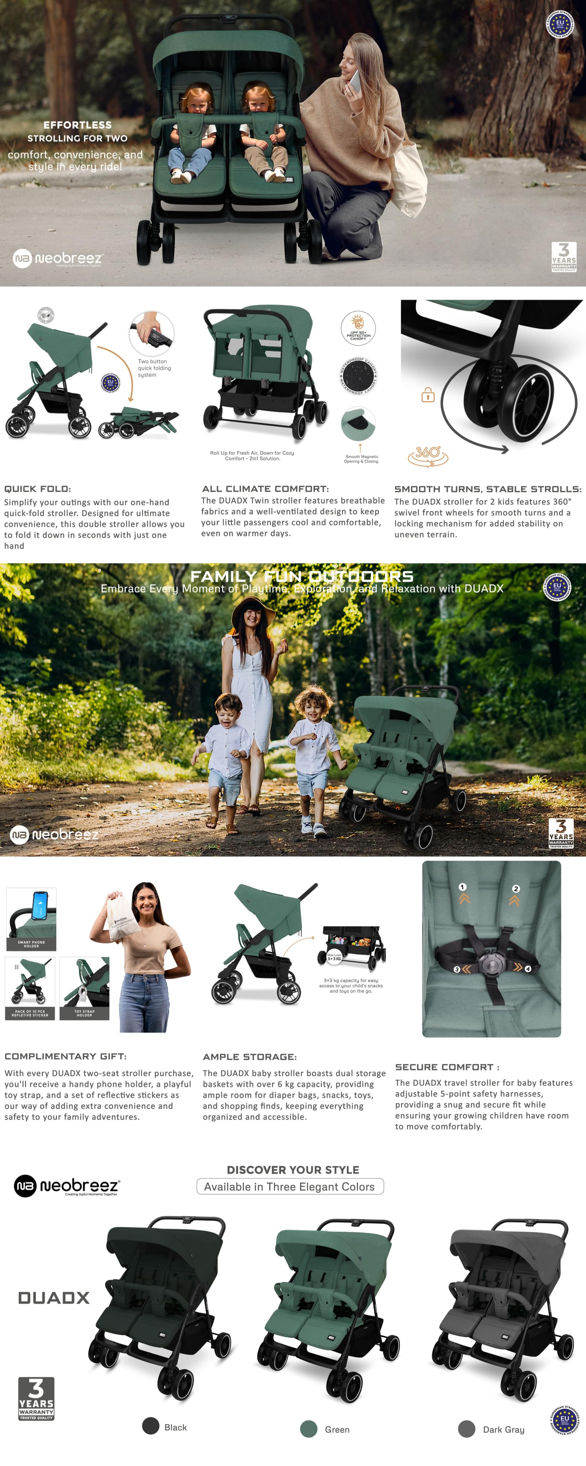 DUADX Sibling/Twin/Double Side by Side Baby Toddler Stroller,  Compact Baby Trolley Pushchair, One-Hand Fold,  Waterproof UPF 50+ Canopy, 0-3yrs,  30kg, 3yrs Warranty