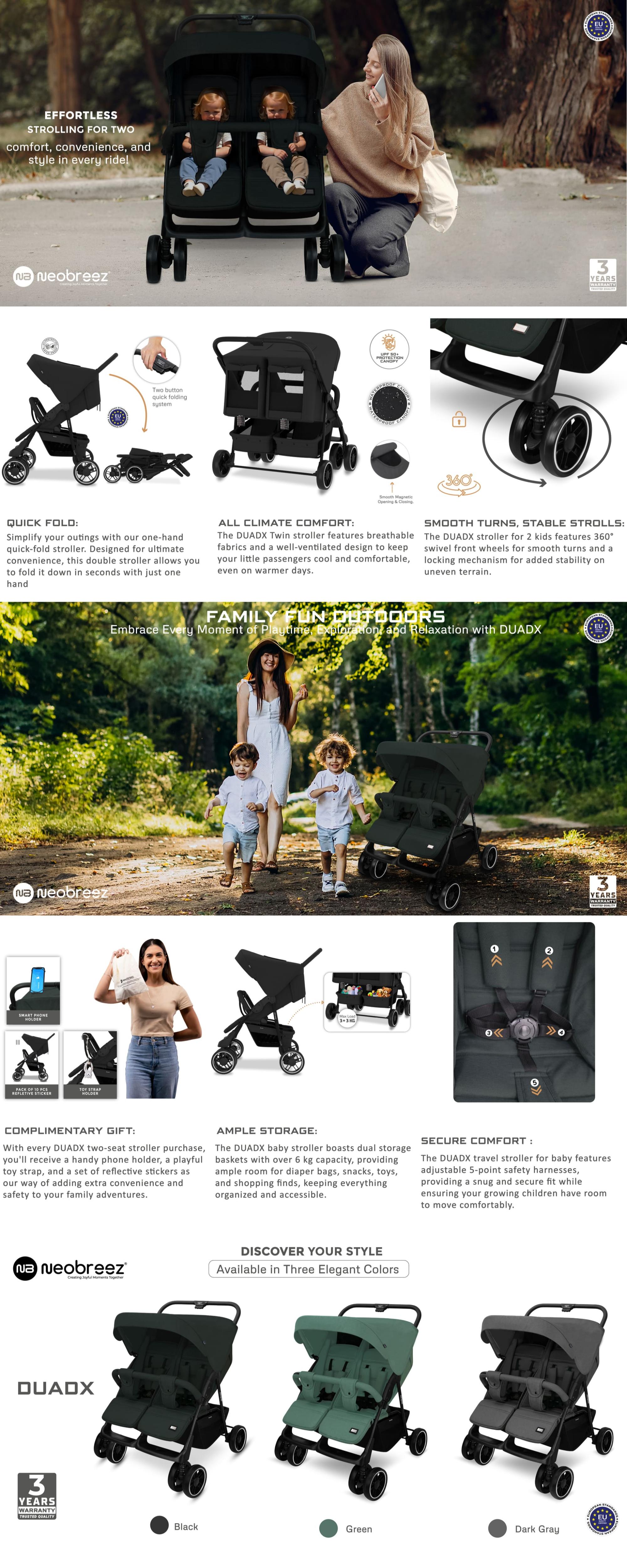 DUADX Sibling/Twin/Double Side by Side Baby Toddler Stroller,  Compact Baby Trolley Pushchair, One-Hand Fold, Waterproof UPF 50+ Canopy, 0-3yrs,  30kg (15kg per child), 3yrs Warranty