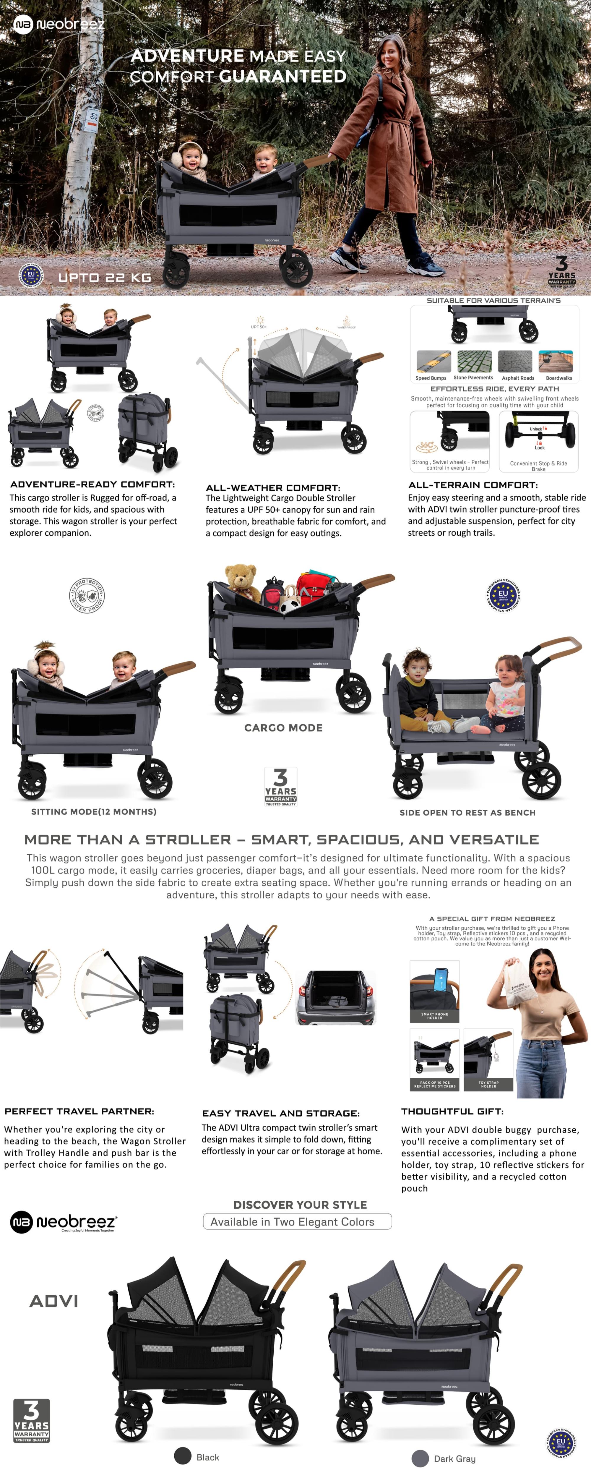 ADVI Wagon Cargo Push & Pull Foldable Double Stroller For 2 Kids, Waterproof UPF 50+ Removable Canopy, 2in1 Cup Holder, 6m-4yrs, 44kg,  3yrs Warranty
