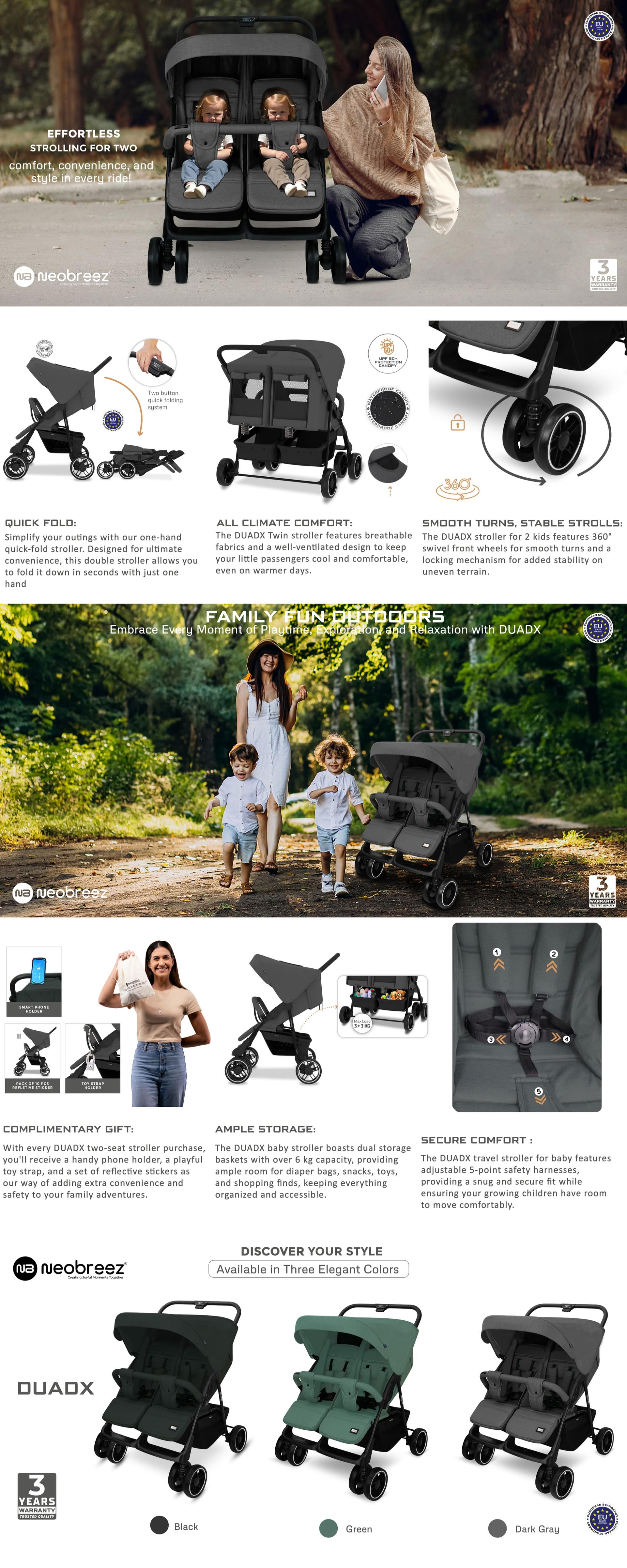 DUADX Sibling/Twin/Double Side by Side Baby Toddler Stroller,  Compact Baby Trolley Pushchair, One-Hand Fold,  Waterproof UPF 50+ Canopy, 0-3yrs,  30kg, 3yrs Warranty