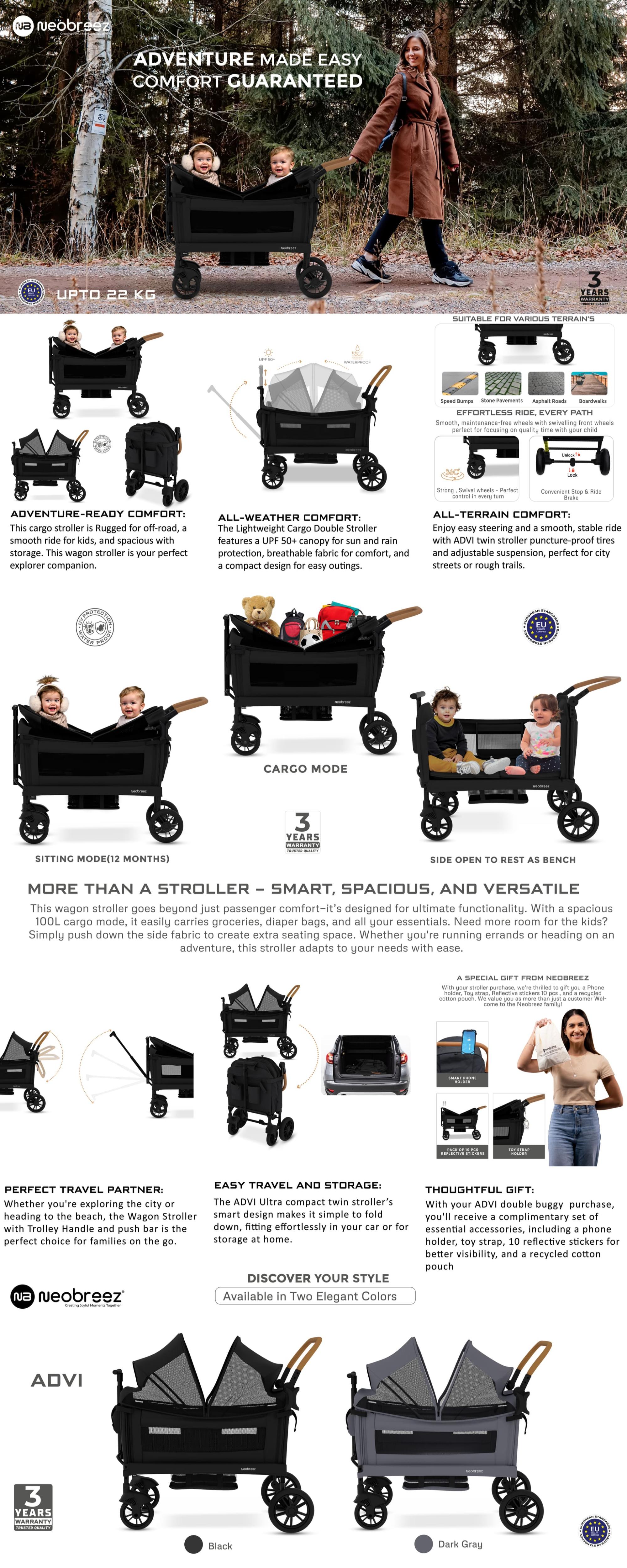ADVI Wagon Cargo Push & Pull Foldable Double Stroller For 2 Kids, Waterproof UPF 50+ Removable Canopy, 2in1 Cup Holder, 6m-4yrs, 44kg,  3yrs Warranty