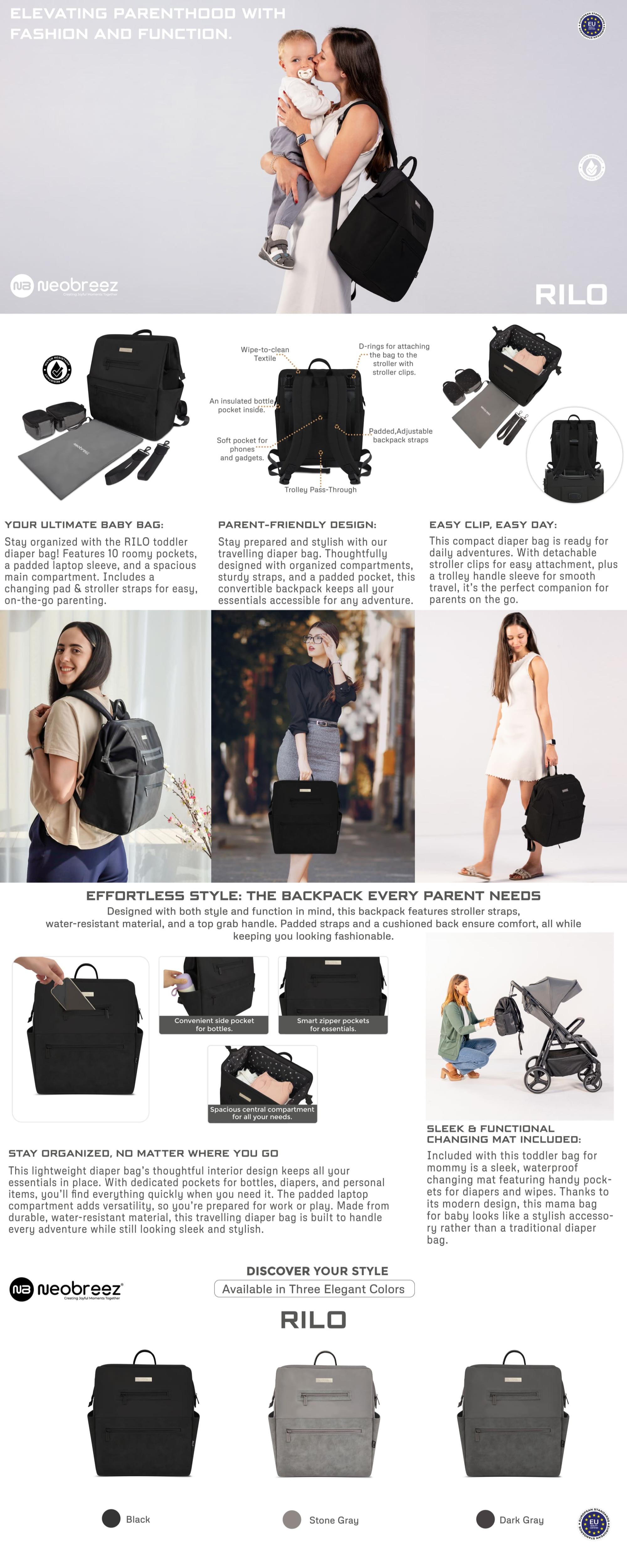 RILO Multifunction Waterproof Diaper Bag for Baby&Toddler|7-Pcs Set W/Changing Mat, Wet Bag, Pouches|Large-Capacity Travel Backpack for Mom&Dad with Trolley Sleeve|Diaper Tote Bag