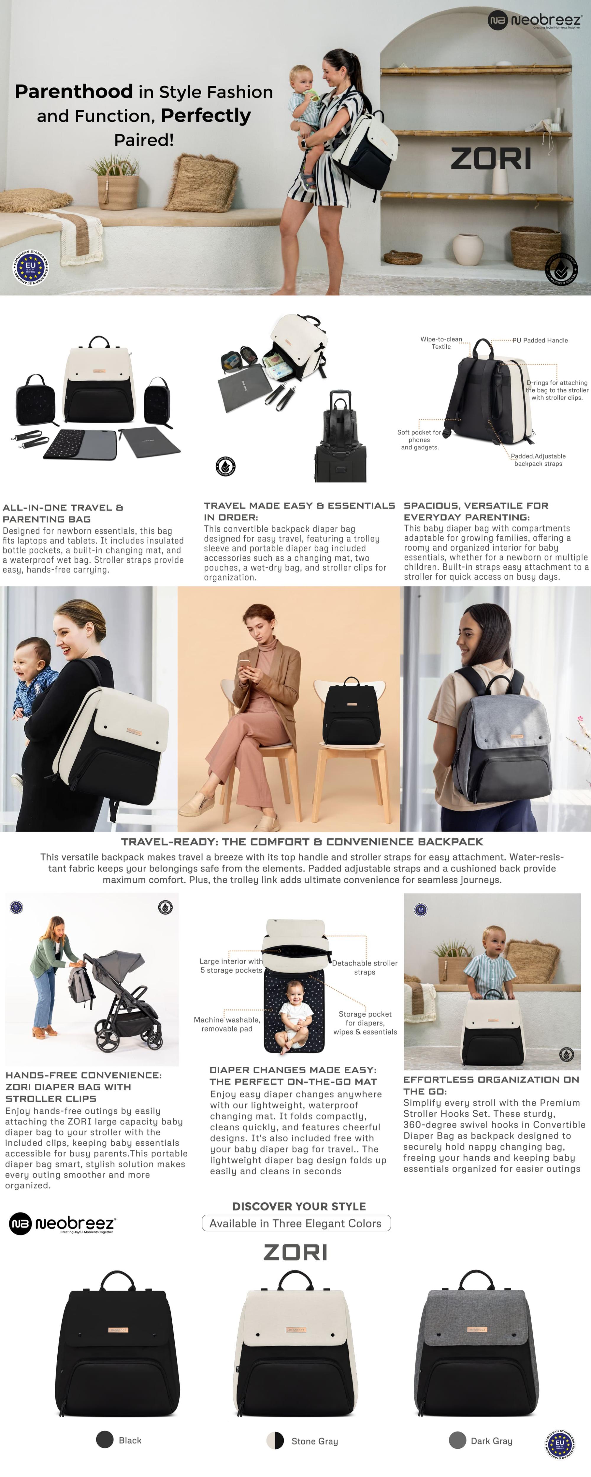 ZORI Multifunction Baby Diaper Bag Backpack Nappy Changing Travel Bag, Diaper Tote Bag, Water-Resistant Large Capacity 7-Pcs Set W/Changing Mat, Trolley Sleeve, Insulated Pockets, Diaper Bag For Mom&Dad