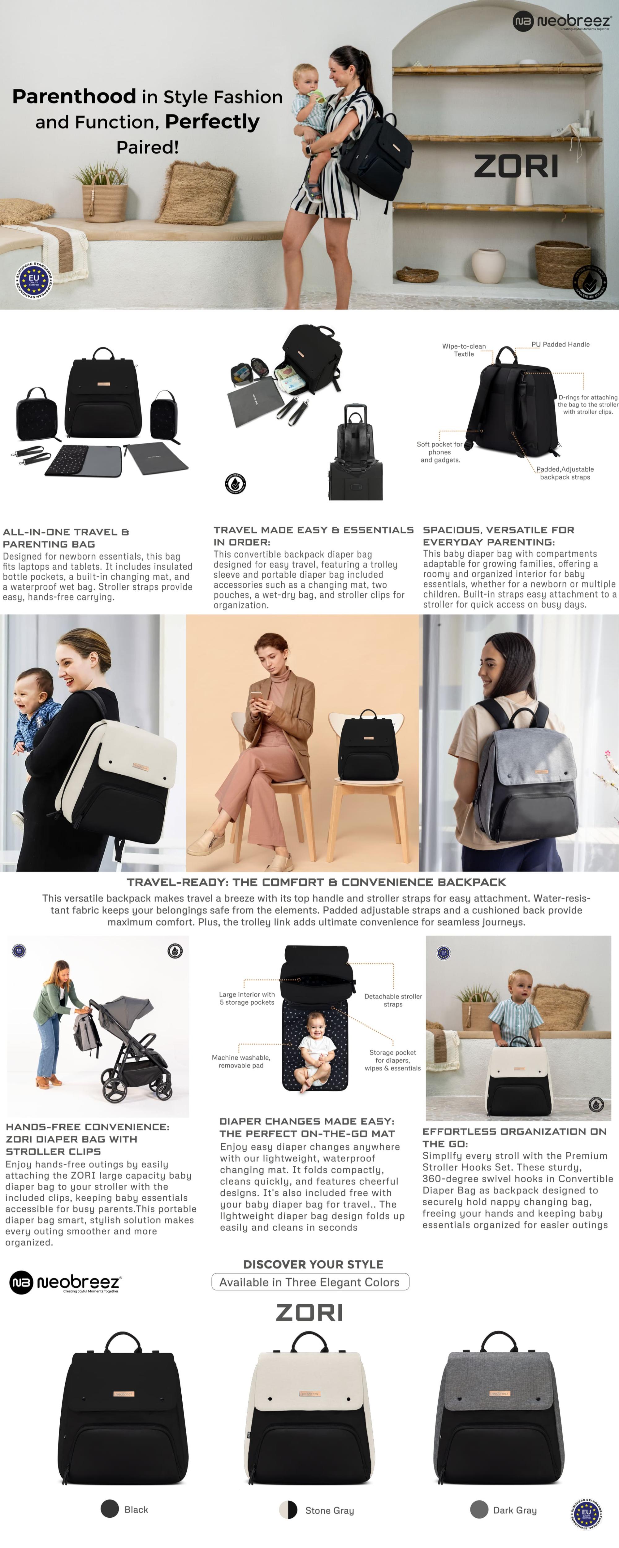ZORI Multifunction Baby Diaper Bag Backpack Nappy Changing Travel Bag, Diaper Tote BagWater-Resistant Large Capacity 7-Pcs Set W/Changing Mat, Trolley Sleeve, Insulated Pockets, Diaper Bag For Mom&Dad