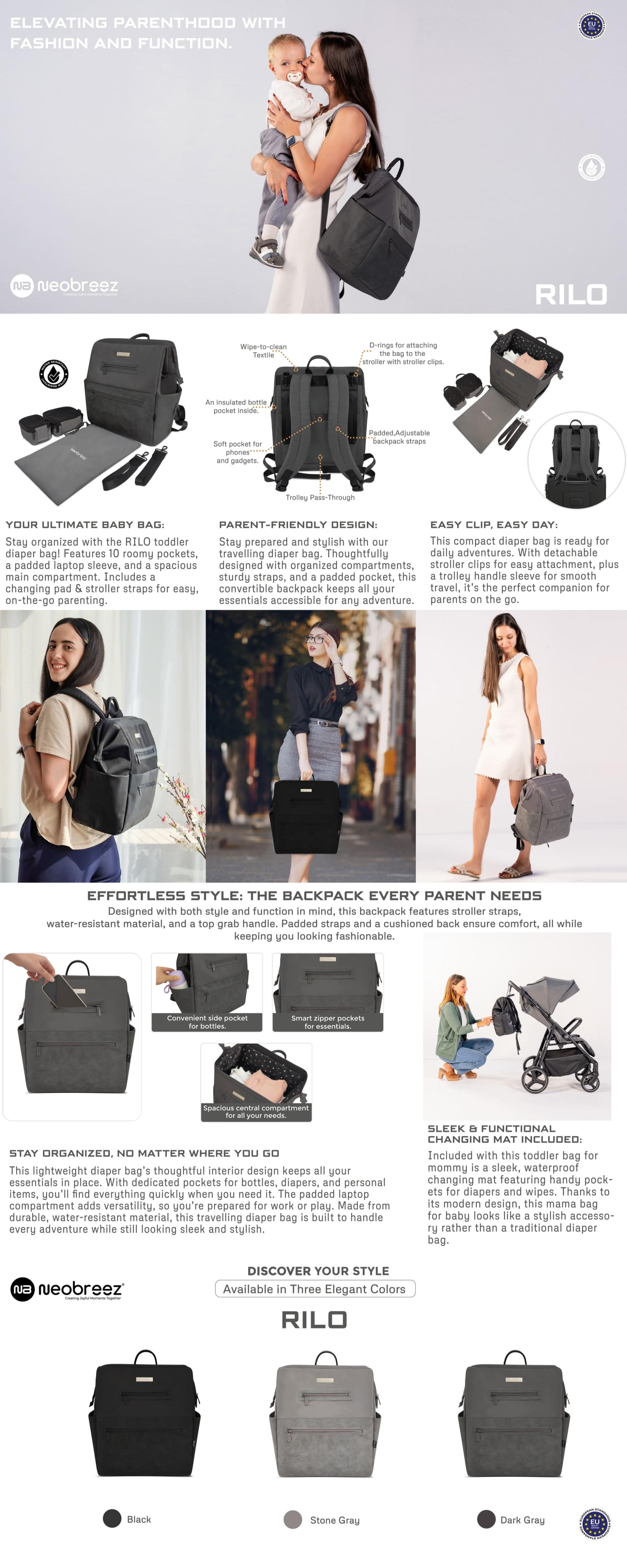 RILO Multifunction Waterproof Diaper Bag for Baby&Toddler|7-Pcs Set W/Changing Mat, Wet Bag, Pouches|Large-Capacity Travel Backpack for Mom&Dad with Trolley Sleeve|Diaper Tote Bag