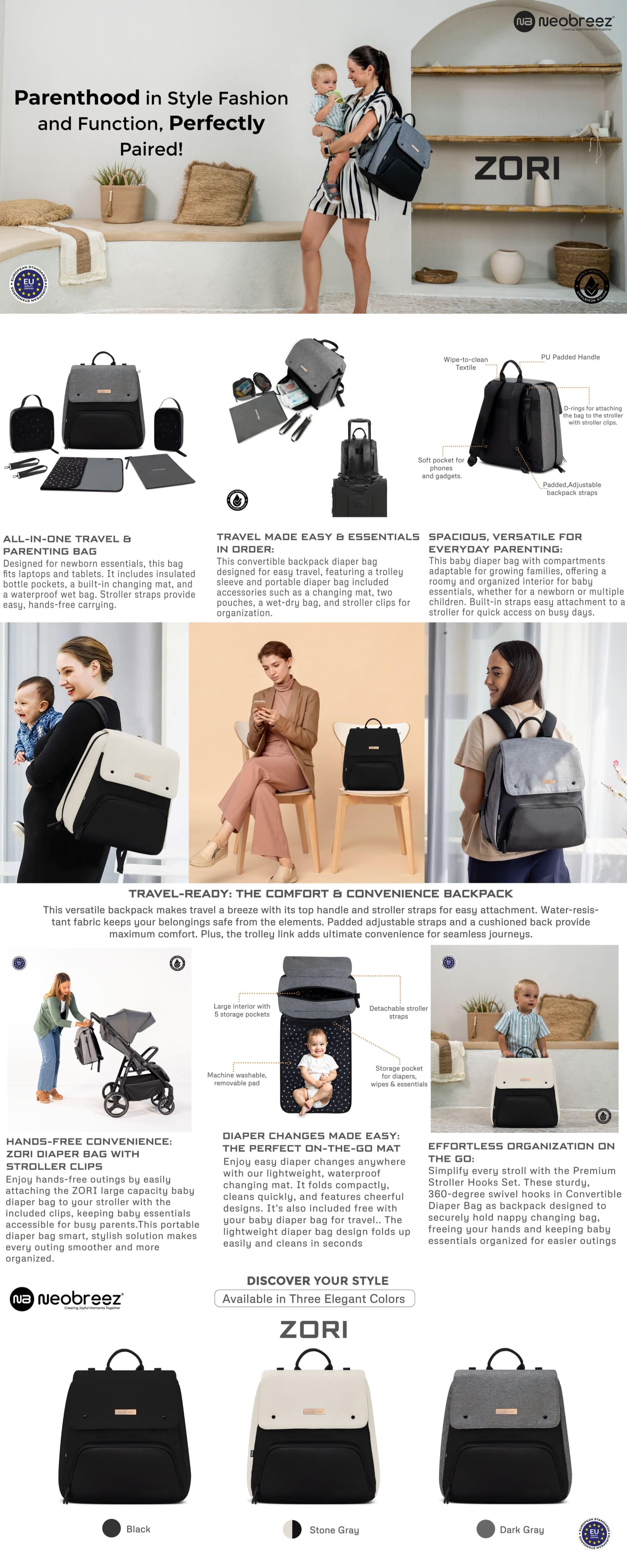 ZORI Multifunction Baby Diaper Bag Backpack Nappy Changing Travel Bag, Diaper Tote BagWater-Resistant Large Capacity 7-Pcs Set W/Changing Mat, Trolley Sleeve, Insulated Pockets, Diaper Bag For Mom&Dad