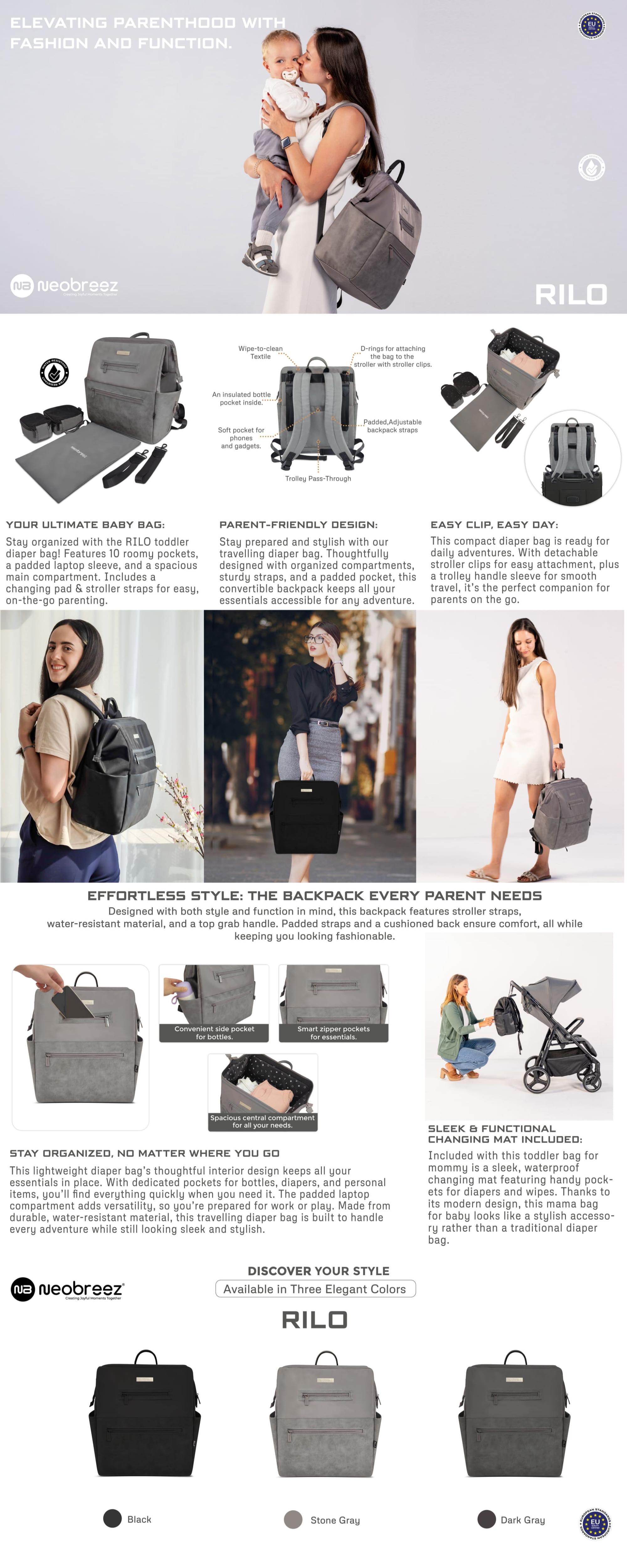 RILO Multifunction Waterproof Diaper Bag for Baby&Toddler|7-Pcs Set W/Changing Mat, Wet Bag, Pouches|Large-Capacity Travel Backpack for Mom&Dad with Trolley Sleeve|Diaper Tote Bag