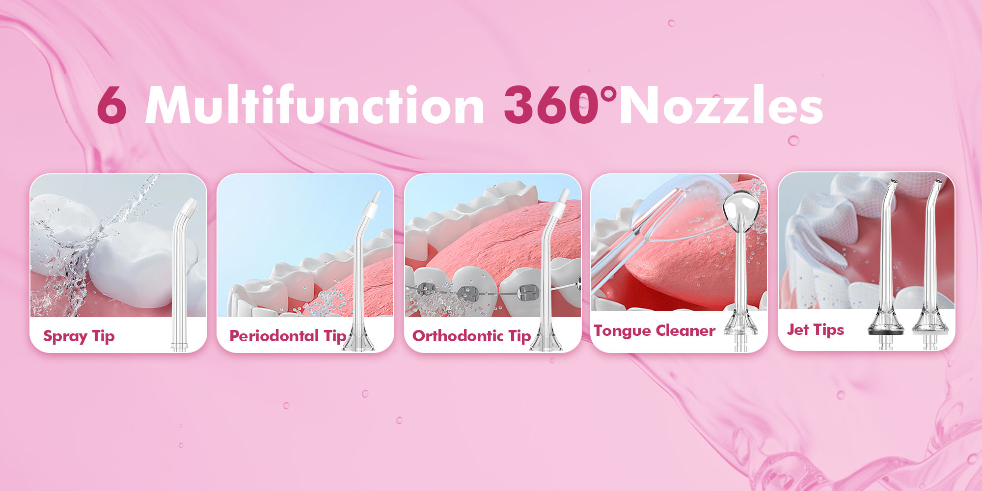 Water Flosser Teeth Pick: 5 Modes Cordless Water Dental Floss 300ML Portable Rechargeable IPX7 Waterproof Electric Water Flossing Cleaning Picks with 6 Jet Tips Oral Irrigator Cleaner, Pink