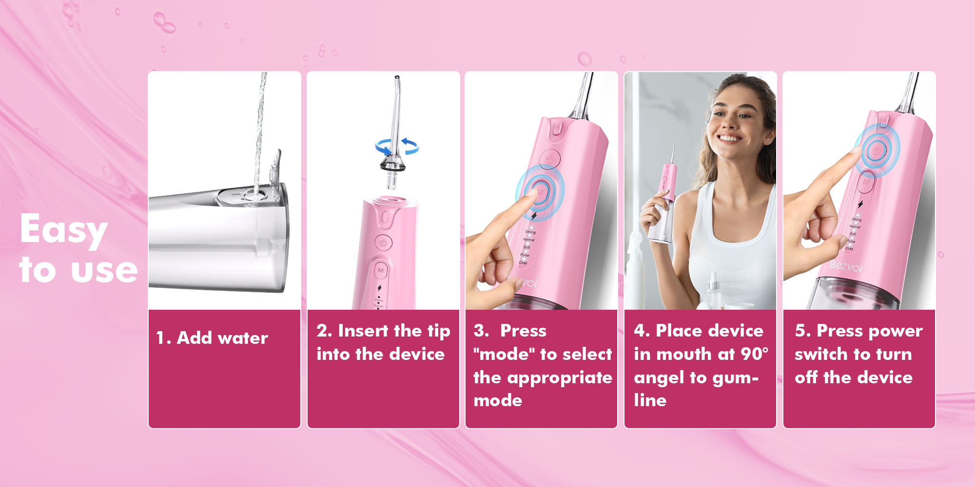 Water Flosser Teeth Pick: 5 Modes Cordless Water Dental Floss 300ML Portable Rechargeable IPX7 Waterproof Electric Water Flossing Cleaning Picks with 6 Jet Tips Oral Irrigator Cleaner, Pink