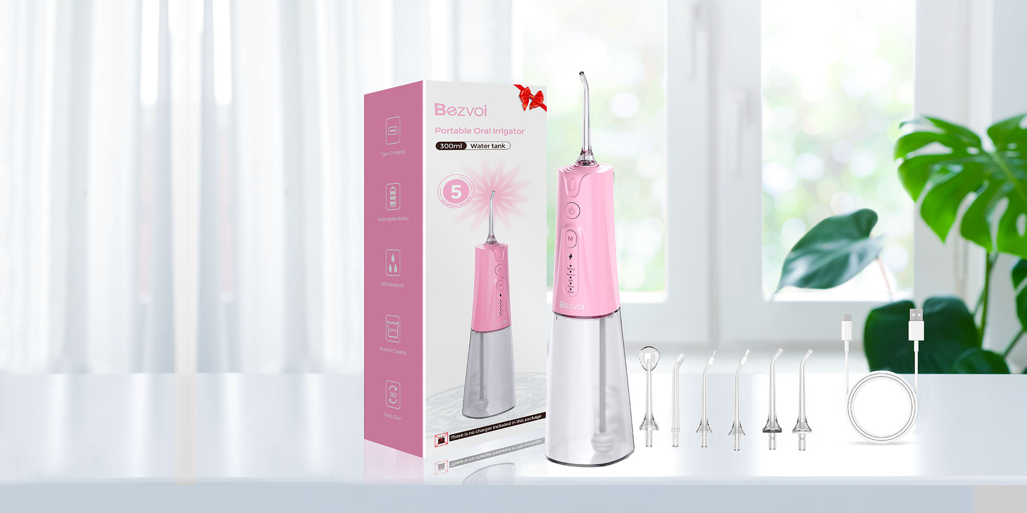 Water Flosser Teeth Pick: 5 Modes Cordless Water Dental Floss 300ML Portable Rechargeable IPX7 Waterproof Electric Water Flossing Cleaning Picks with 6 Jet Tips Oral Irrigator Cleaner, Pink