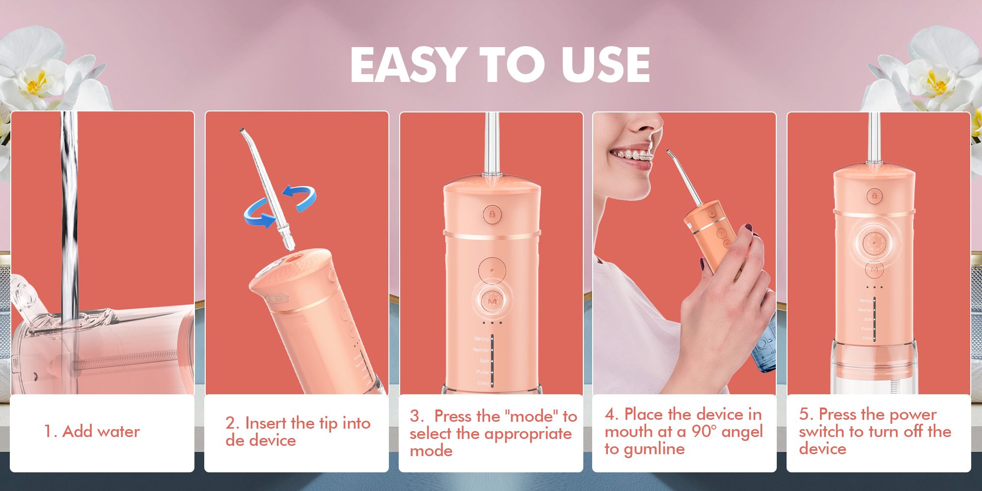 Water Flosser Mini Cordless Portable: 5 Modes Water Dental Floss with Telescopic Water Tank, 6 Tips, IPX7 Waterproof Oral Irrigator for Teeth Cleaning Gums,Orthodontic,Braces Dental Care (Peach Fuzz)