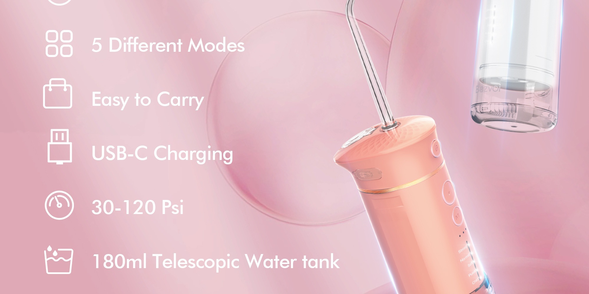 Water Flosser Mini Cordless Portable: 5 Modes Water Dental Floss with Telescopic Water Tank, 6 Tips, IPX7 Waterproof Oral Irrigator for Teeth Cleaning Gums,Orthodontic,Braces Dental Care (Peach Fuzz)