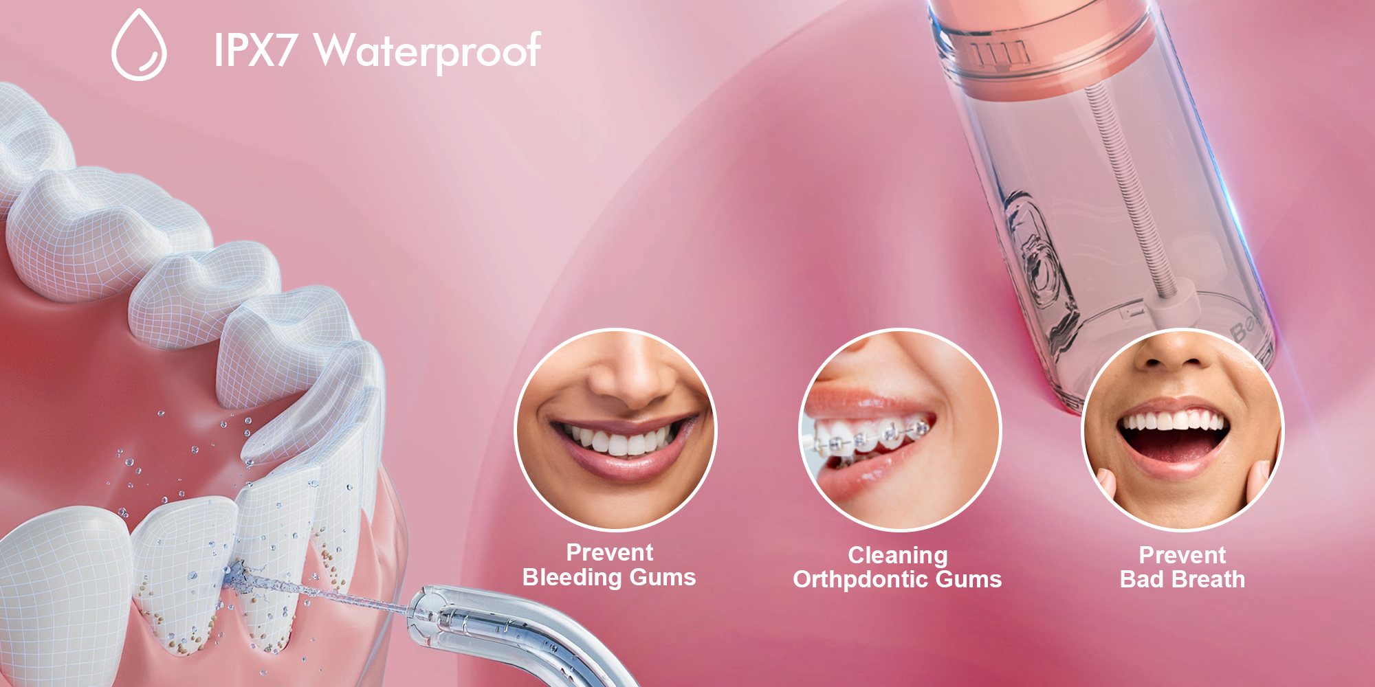 Water Flosser Mini Cordless Portable: 5 Modes Water Dental Floss with Telescopic Water Tank, 6 Tips, IPX7 Waterproof Oral Irrigator for Teeth Cleaning Gums,Orthodontic,Braces Dental Care (Peach Fuzz)
